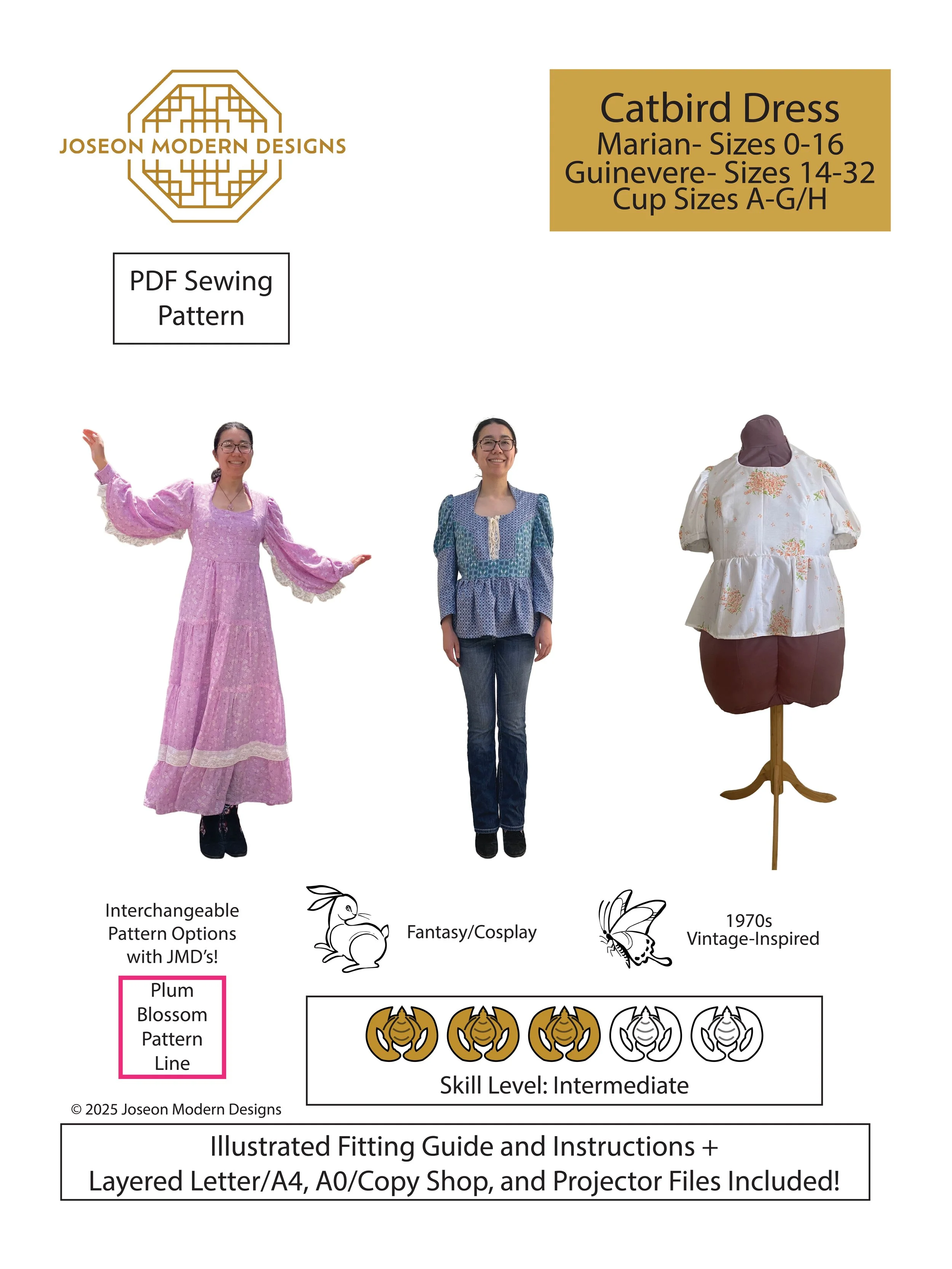 Catbird Dress Pattern Cover. Marian Sizes 0-16. Guinevere Sizes 14-32. Cup Sizes A-G/H. PDF Sewing Pattern. Interchangeable pattern options with JMD's Plum Blossom Pattern Range. Skill Level: Intermediate.