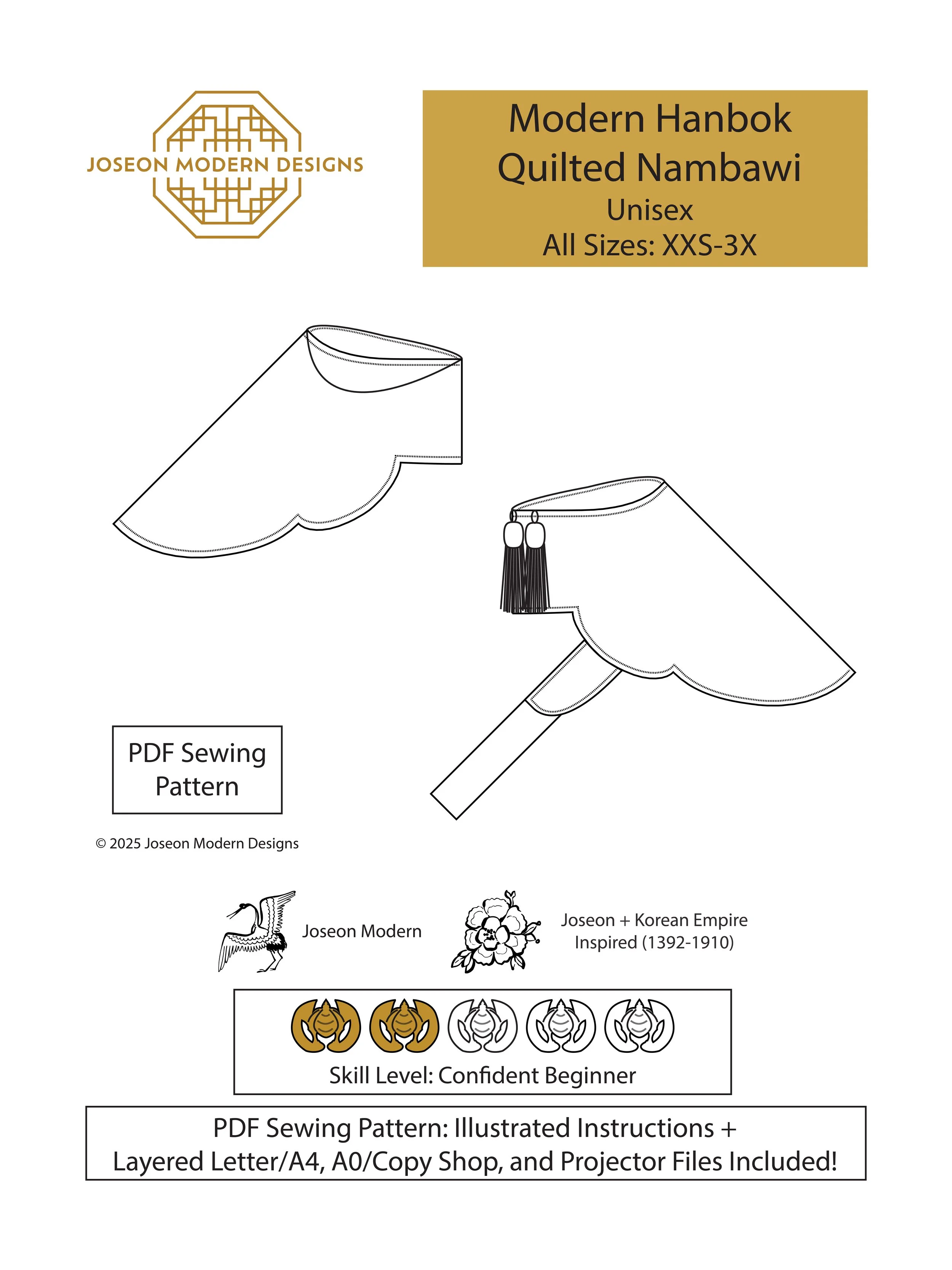 [Alt Text: Joseon Modern Design’s Modern Hanbok Quilted Nambawi Pattern Cover. Please feel free to reach out via email at jmd@joseonmoderndesigns.com if you need a more accessible copy or description of any photo!]