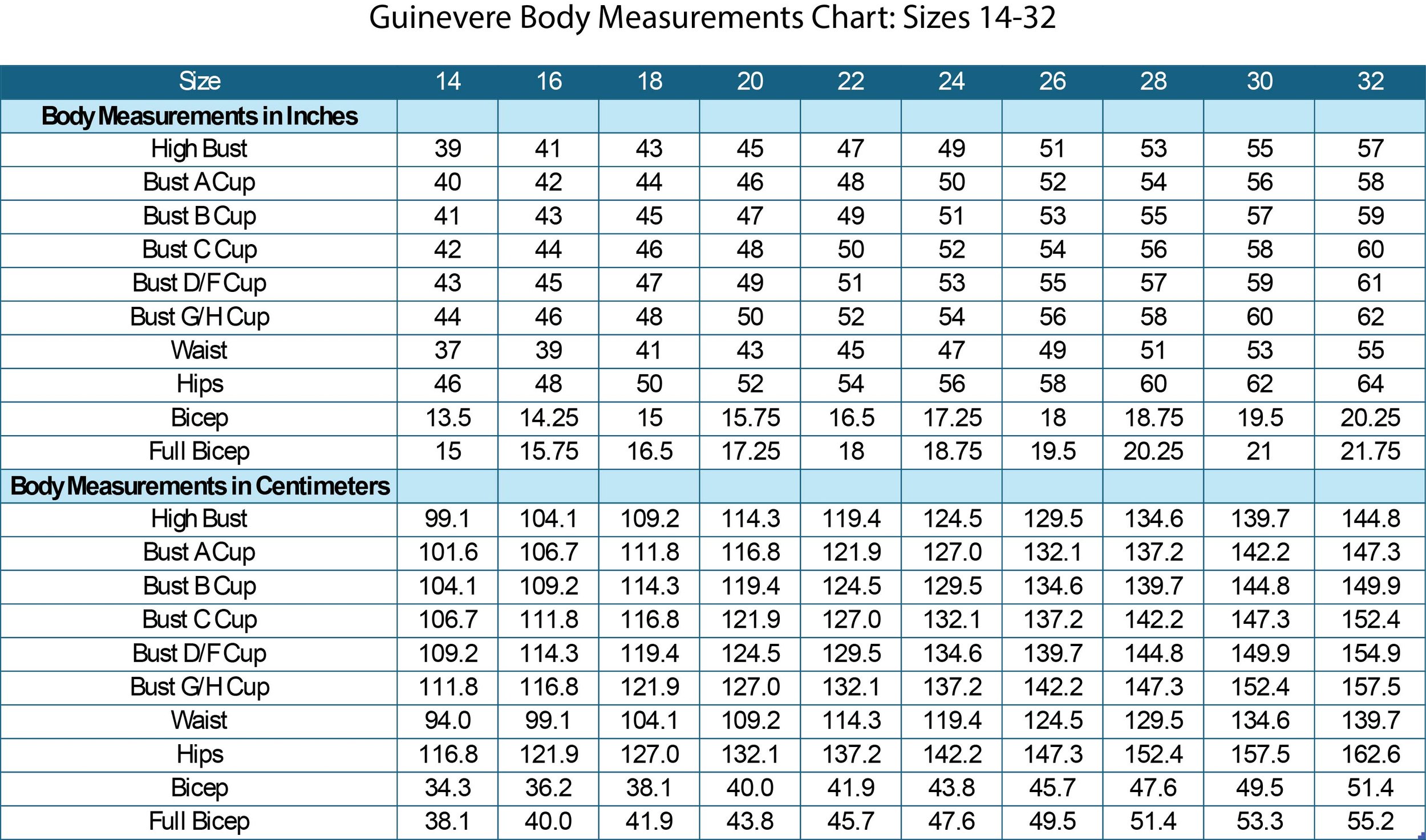 Guinevere Body Measurements Chart. Please feel free to reach out via email at jmd@joseonmoderndesigns.com if you need a more accessible copy of any photo.