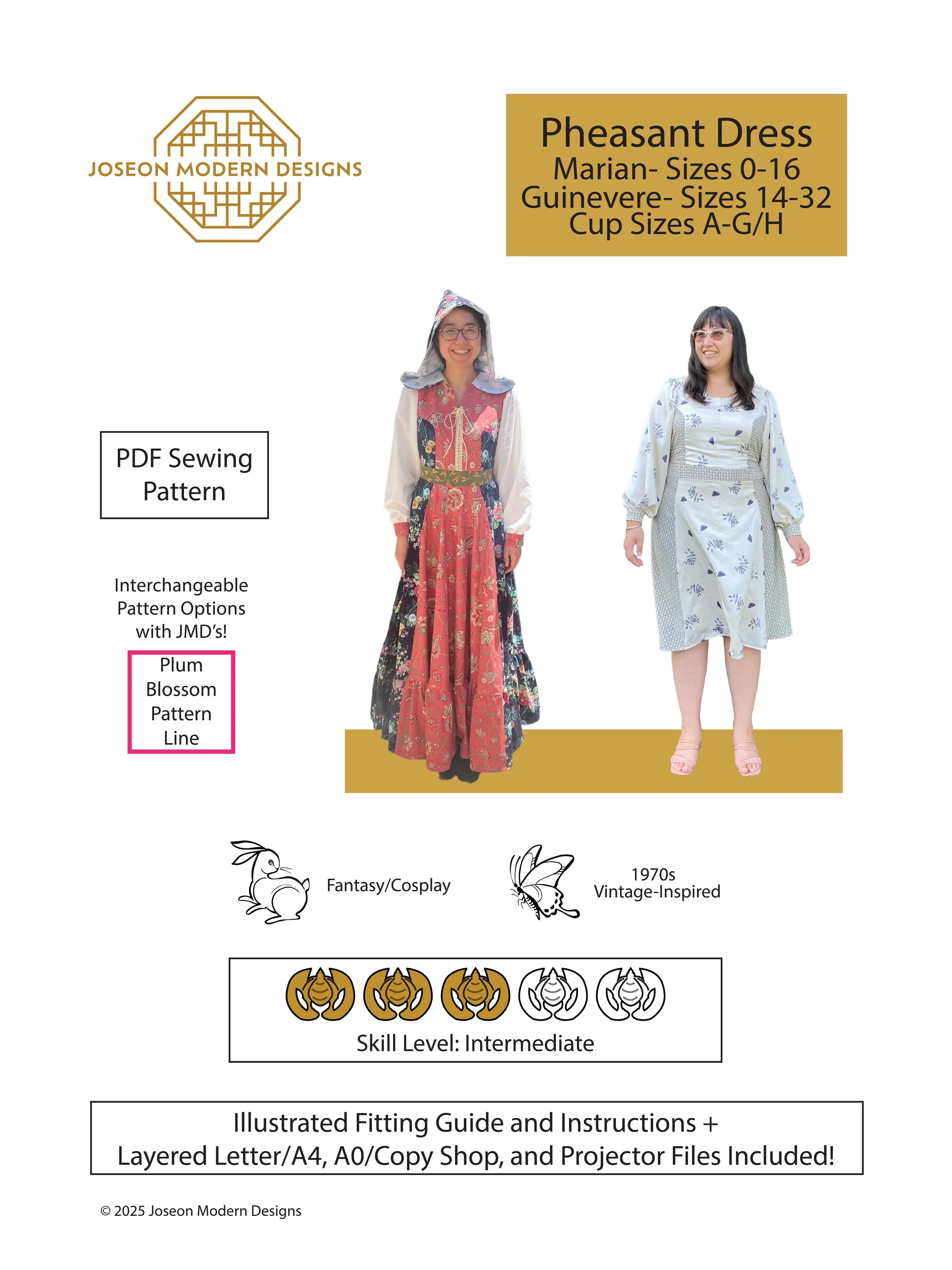 Pheasant Dress Pattern Cover. PDF Sewing Pattern. Marian: 0-16. Guinevere: 14-32. Cup Sizes A-G/H. Skill Level: Intermediate. Interchangeable pattern options with JMD's Plum Blossom Pattern Range.