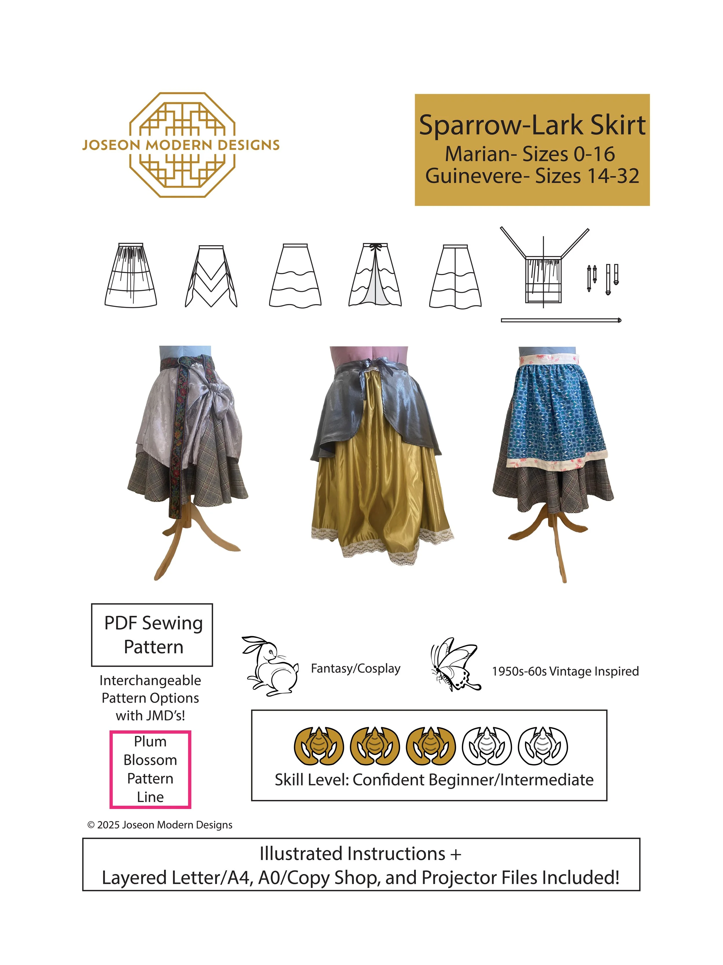 Sparrow-Lark Skirt Pattern Cover. Marian: Sizes 0-16. Guinevere Sizes 14-32. PDF Sewing Pattern. Interchangeable Pattern options with JMD's Plum Blossom Pattern Range. Skill Level: Confident Beginner/Intermediate.