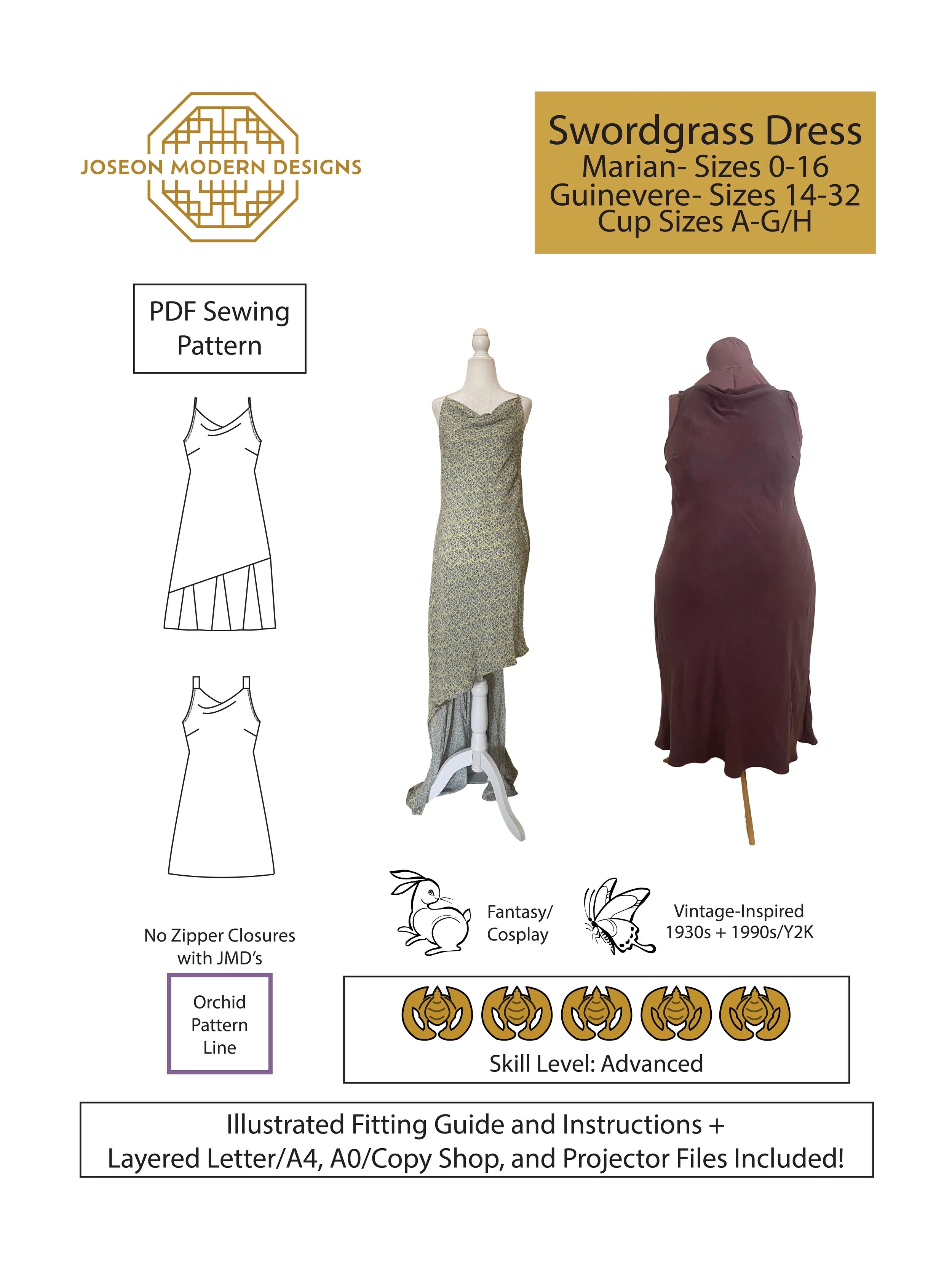 Swordgrass Dress Pattern Cover; Marian Sizes 0-16, Guinevere Sizes 14-32, Cup Sizes A-G/H. PDF Sewing Pattern. No Zipper Closures with JMD's Orchid Pattern Line. Moon Rabbit: Fantasy/Cosplay. Butterfly: Vintage Inspired 1930s + 1990s/Y2K. Advanced.
