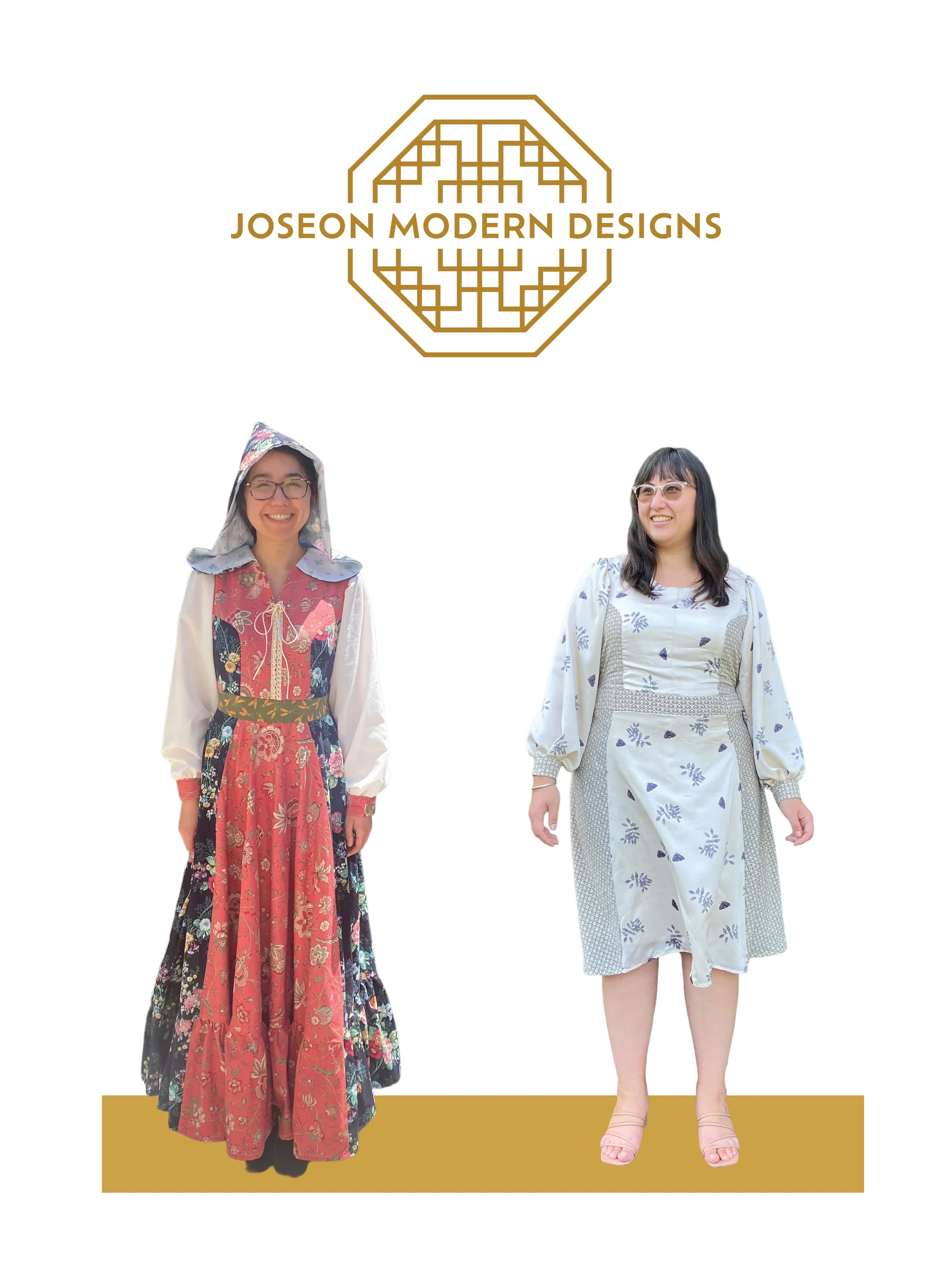 Joseon Modern Designs logo plus Pheasant Dress samples shown on two models. One model is in the Marian size range and one model is in the Guinevere size range