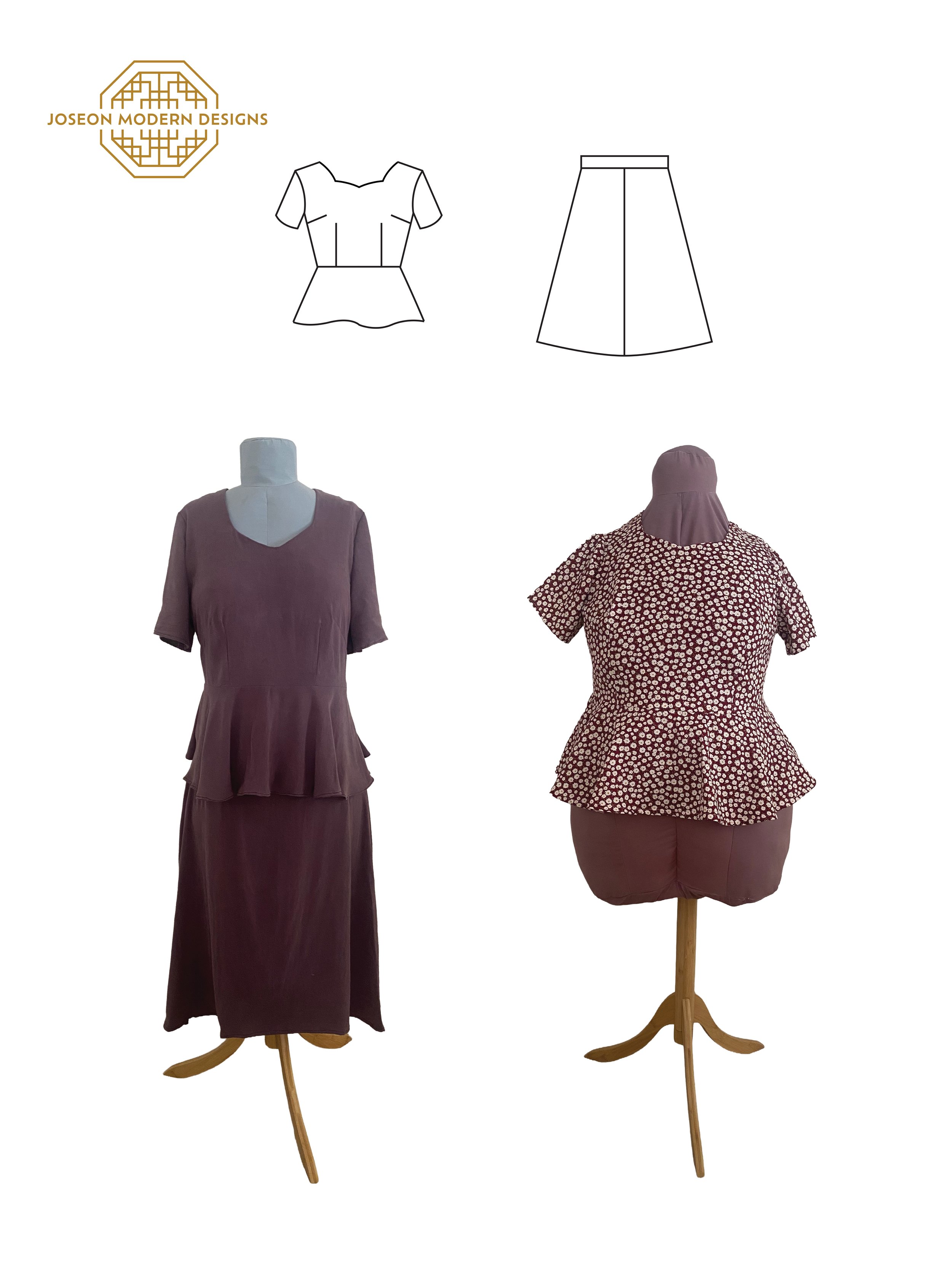 Dancing Macaw Top and Skirt Marian sample and Top only Guinevere sample plus line drawings