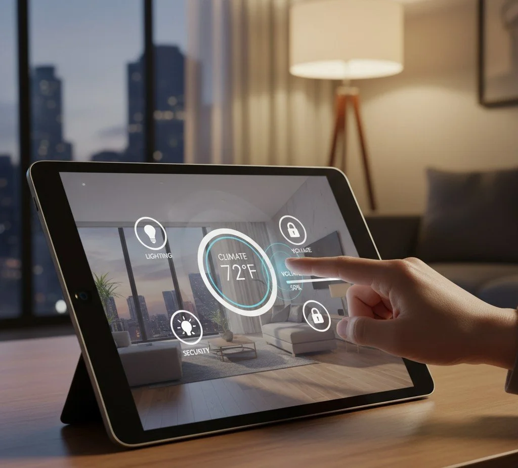 Modern smart home automation control panel displaying security and climate settings
