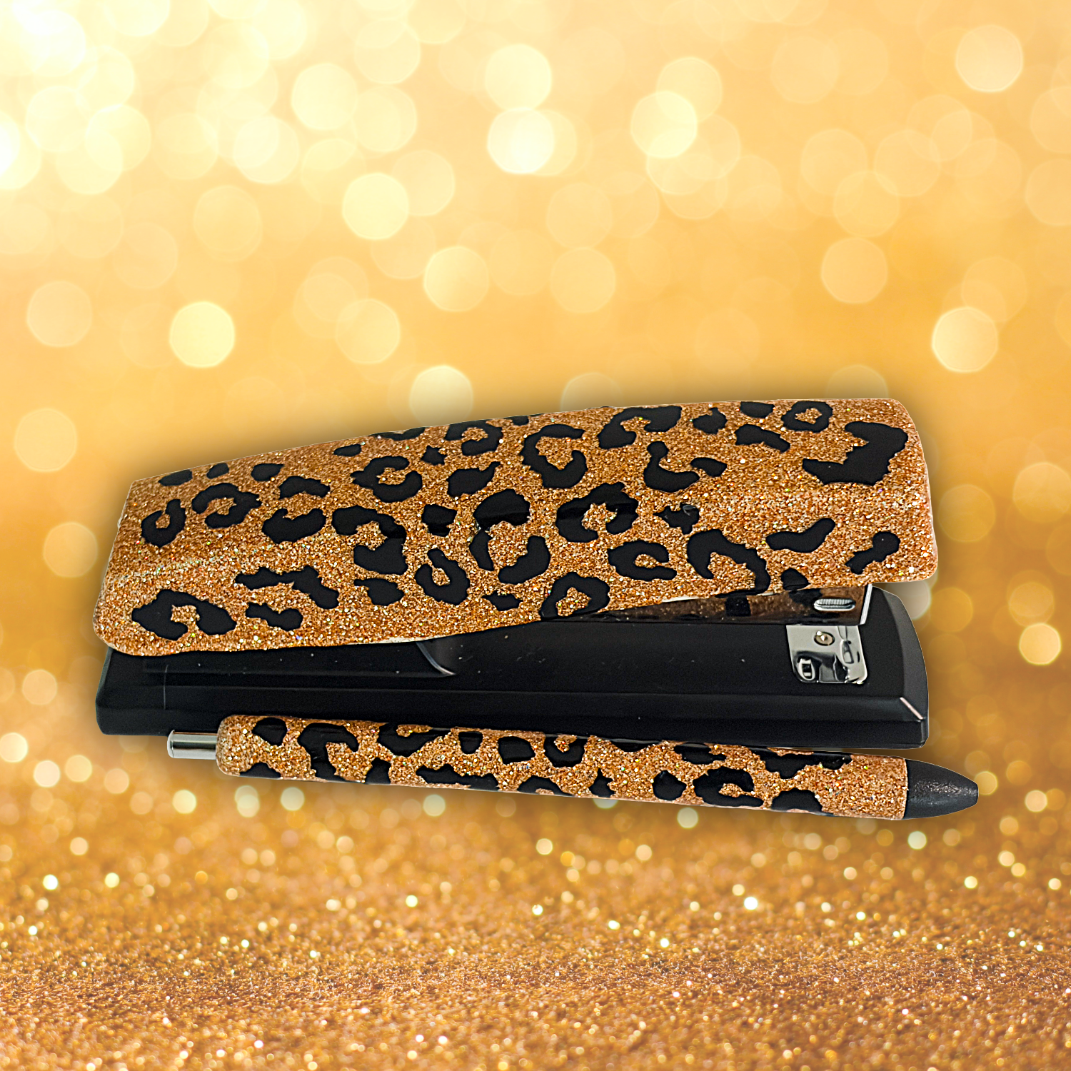 Custom Gold Glitter Cheetah Print Stapler and Pen Set