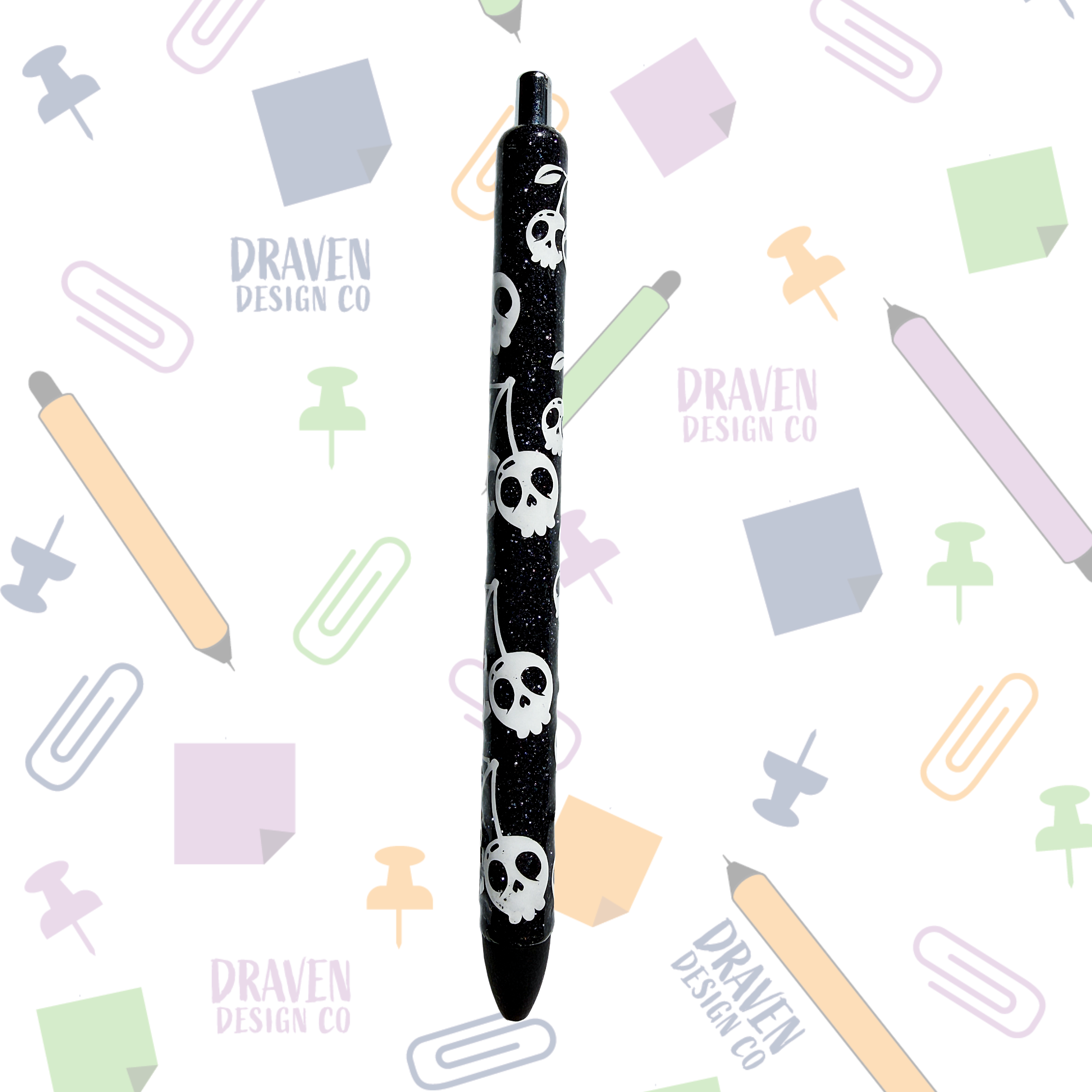 Cherry Skull Black and White Resin Glitter Pen