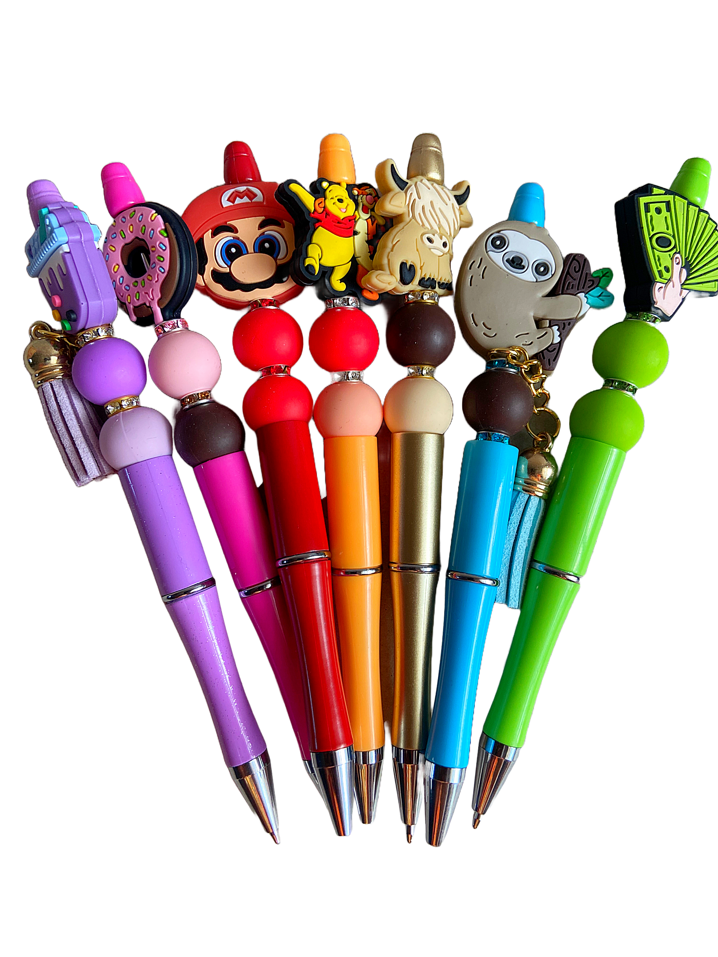 Picture of beaded pens in different colors.