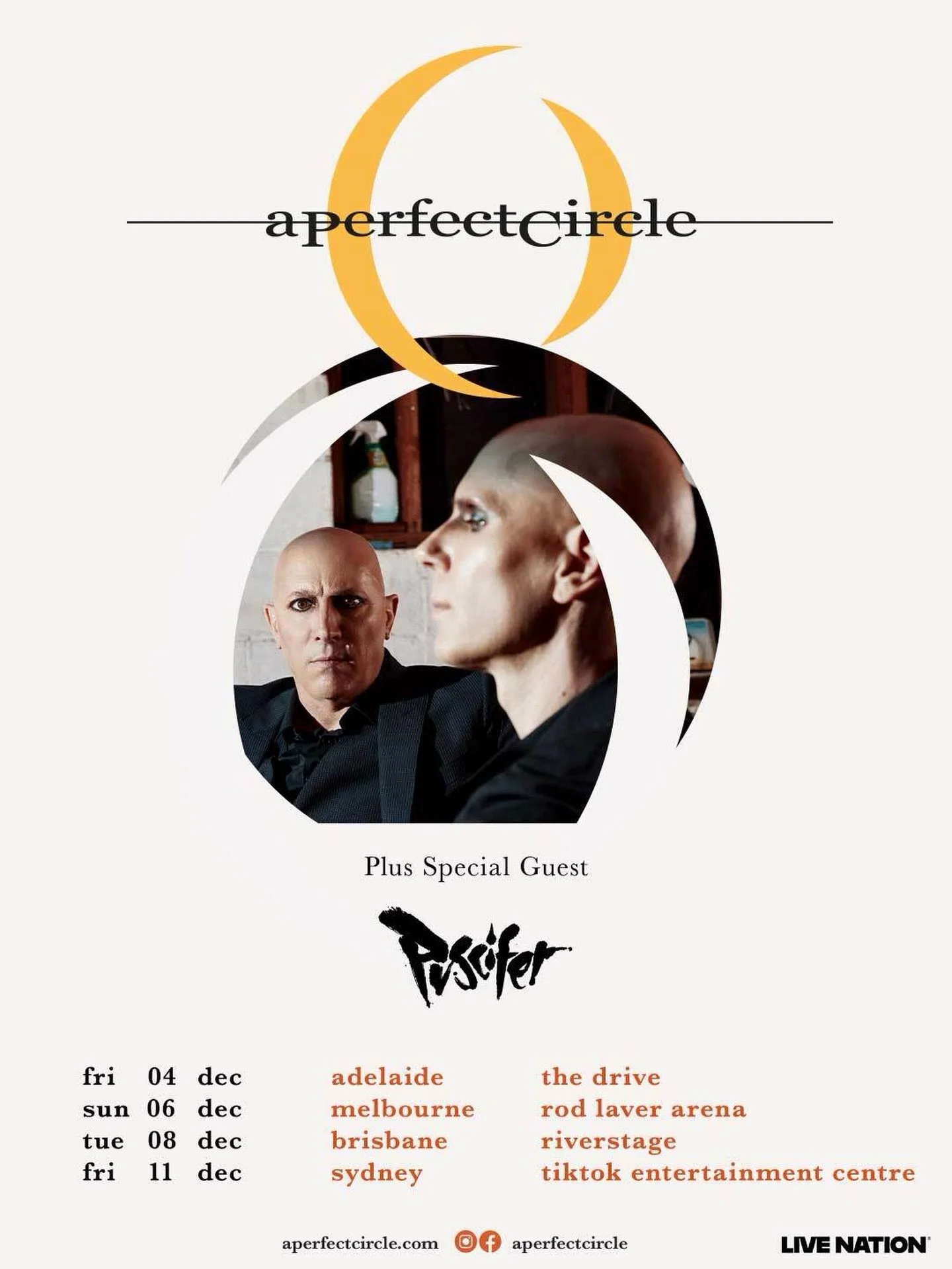 A PERFECT CIRCLE CONFIRM RETURN TO AUSTRALIA AND NEW ZEALAND FOR HIGHLY ANTICIPATED TOUR - WITH SPECIAL GUEST PUSCIFER

MELBOURNE (March 16, 2026) &ndash; Live Nation has today announced that American rock band A Perfect Circle, formed in 1999 by gui