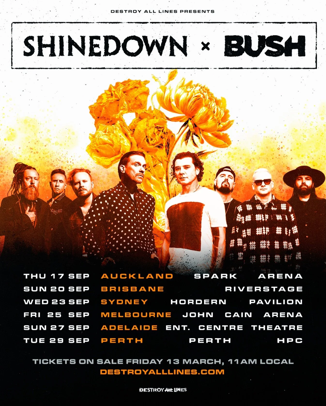 SHINEDOWN x BUSH
CO-HEADLINE AUSTRALIAN AND NEW ZEALAND TOUR

Australia and New Zealand, get ready! Two indisputable rock icons will join forces in 2026, with American chart-toppers SHINEDOWN and British alternative legends BUSH teaming up for a mass