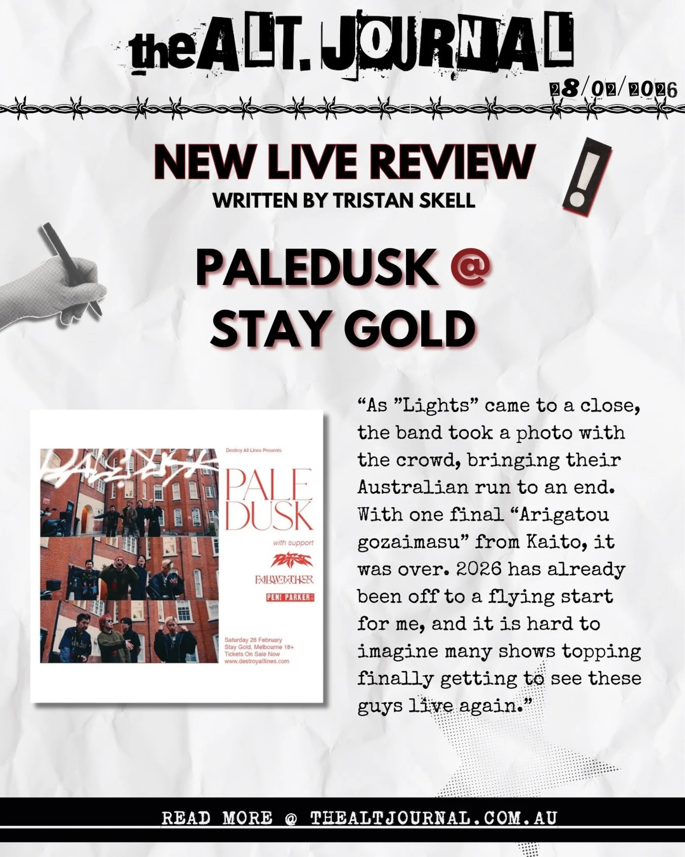📝PALEDUSK LIVE REVIEW @ 170 RUSSELL📝

Full review up on our website:

thealtjournal.com.au 🔗 

Thanks to @destroyalllines 

✍️ Written by @_tristanphotos 
&bull;
&bull;
&bull;
#paledusk #livereview #musicjournalism #destroyalllines