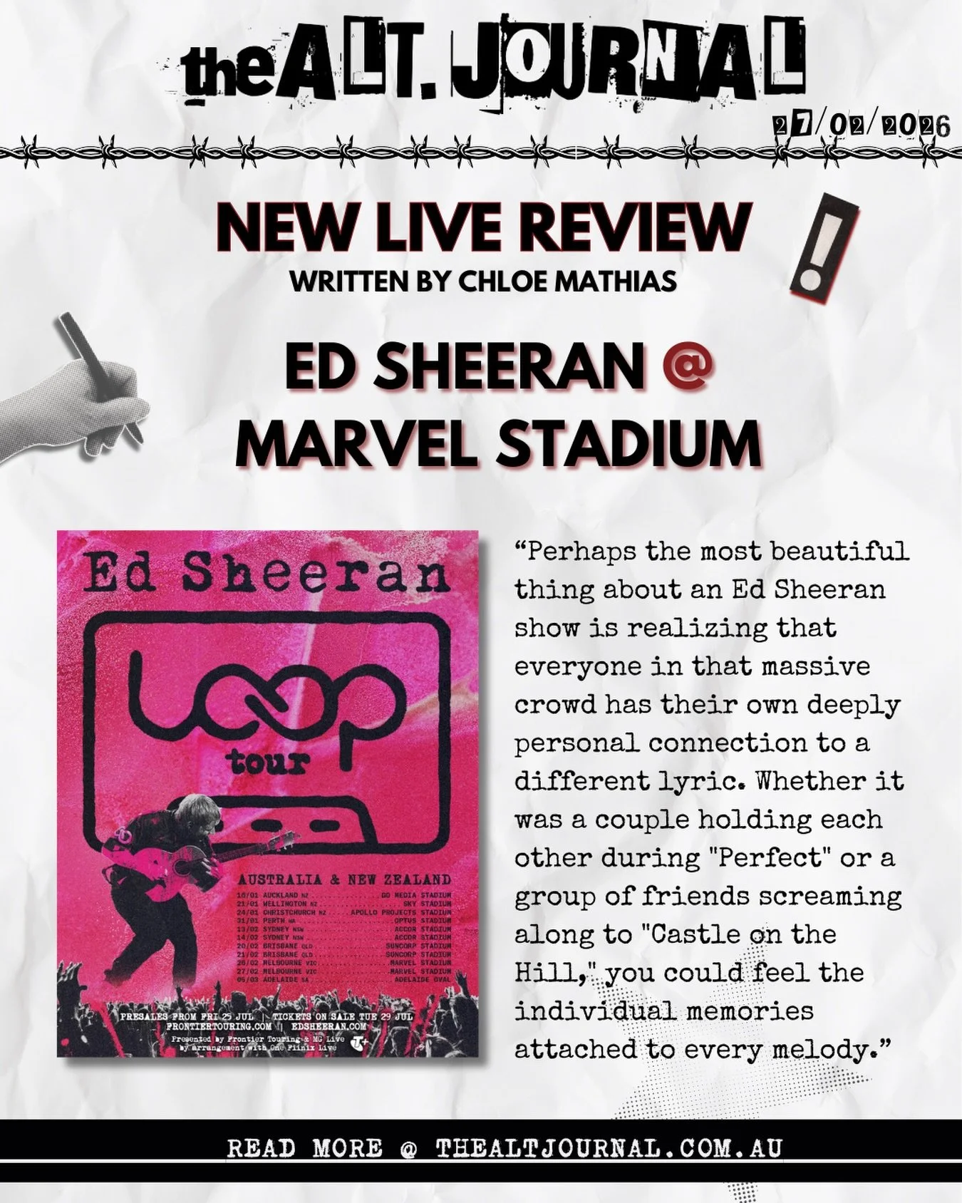 📝ED SHEERAN NIGHT 2 @ MARVEL STADIUM📝

Check out the full review on our website:

thealtjournal.com.au 🔗 

Thanks to @frontiertouring 

✍️Written by @chloemmedia 
&bull;
&bull;
&bull;
#edsheeran #shapeofyou #livereview #livemusic #marvelstadium