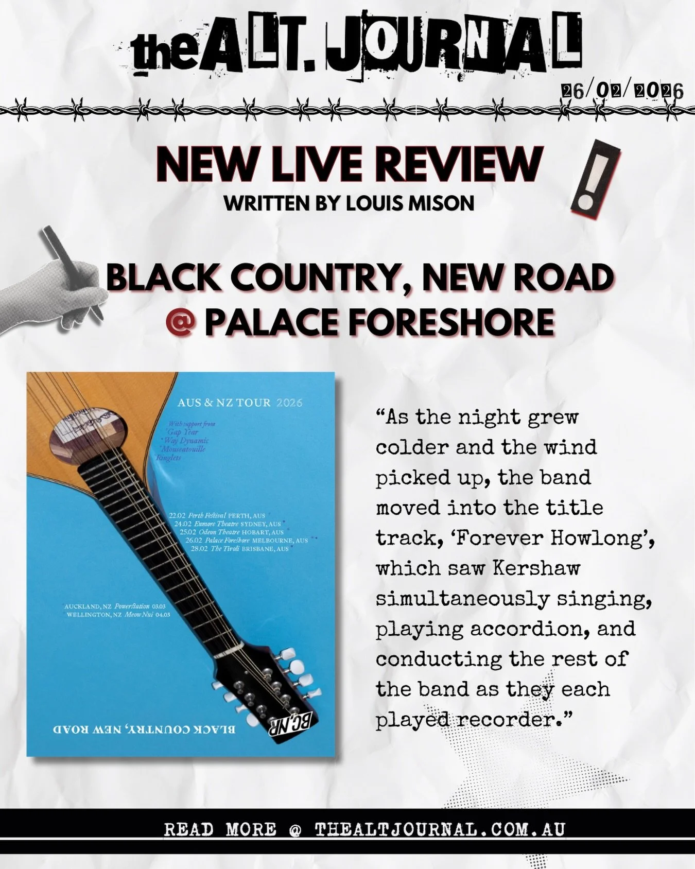 📝BLACK COUNTRY, NEW ROAD LIVE REVIEW @ PALACE FORESHORE MELBOURNE📝

Check out the full review on our website📍

thealtjournal.com.au 🔗 

Thanks to @handsometours @deathproofpr 

✍️ Written by @louismison 
&bull;
&bull;
&bull;
#blackcountrynewroad 