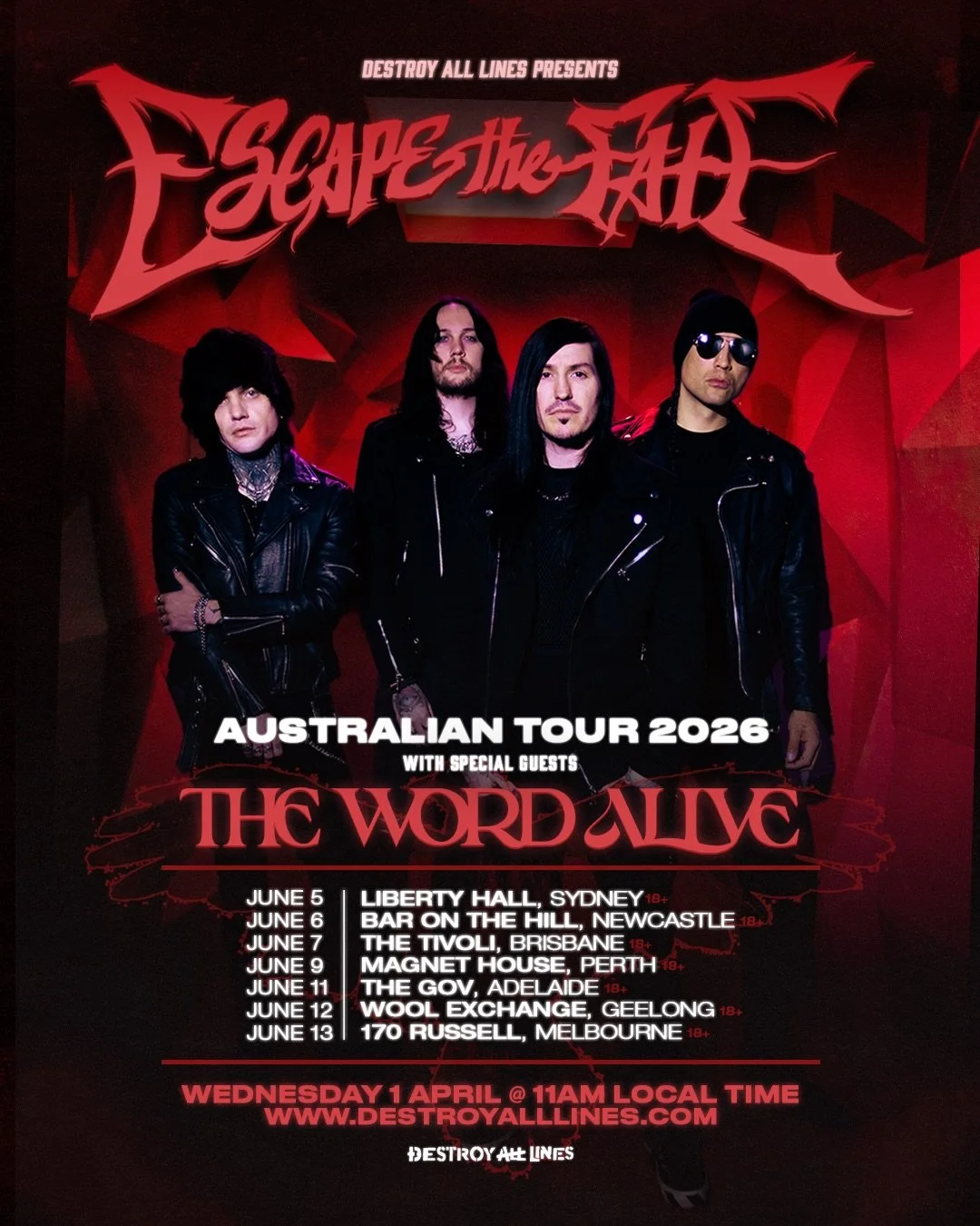 ESCAPE THE FATE Team Up With The Word Alive
For An Extensive Australian Tour This June!

Las Vegas post-hardcore heavyweights Escape The Fate will make their long overdue return to Australia this June, bringing with them US metalcore mainstays The Wo
