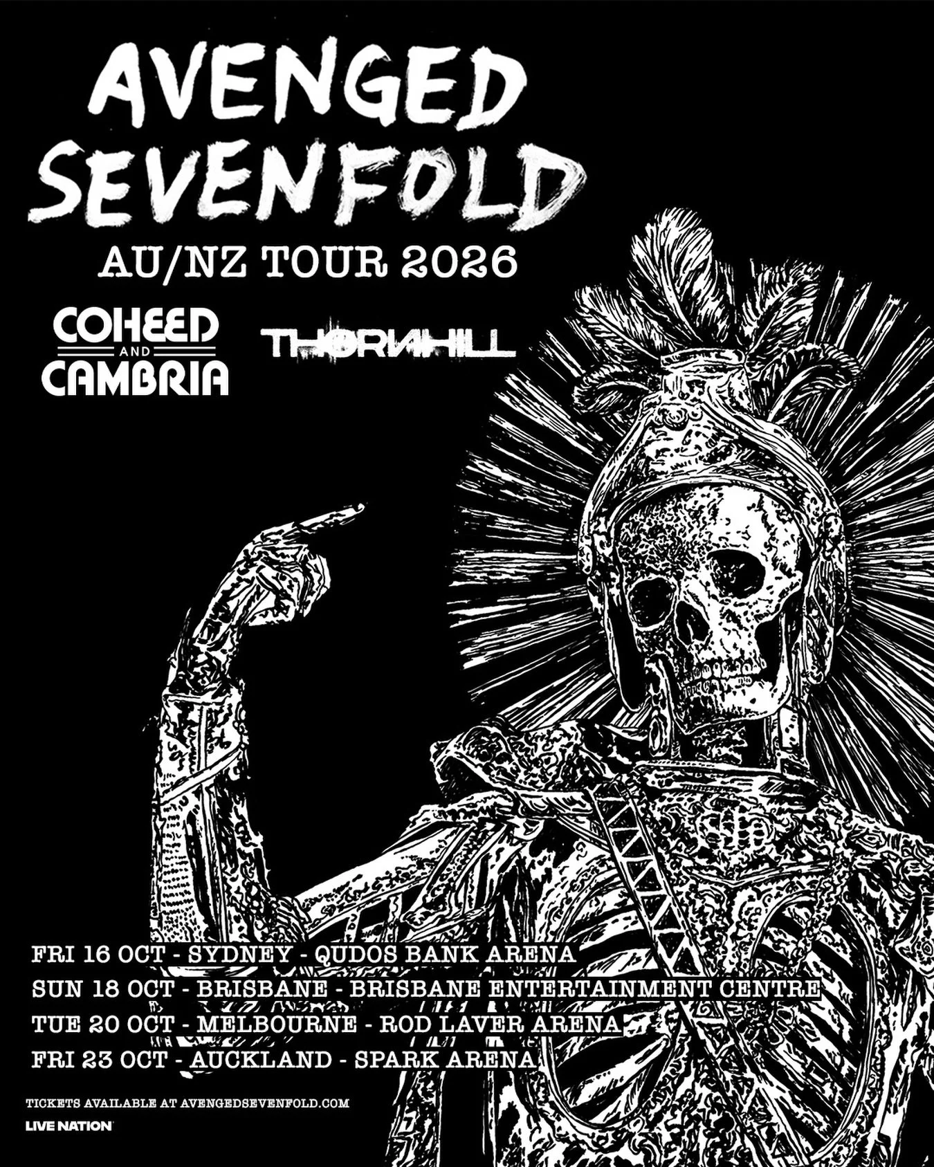 🚨AVENGED SEVENFOLD ANNOUNCES EPIC RETURN TO AU &amp; NZ AFTER 12 YEARS WITH SPECIAL GUESTS COHEED AND CAMBRIA AND THORNHILL🚨

Live Nation has today announced that American heavy metal band Avenged Sevenfold, are returning to Australia and New Zeala