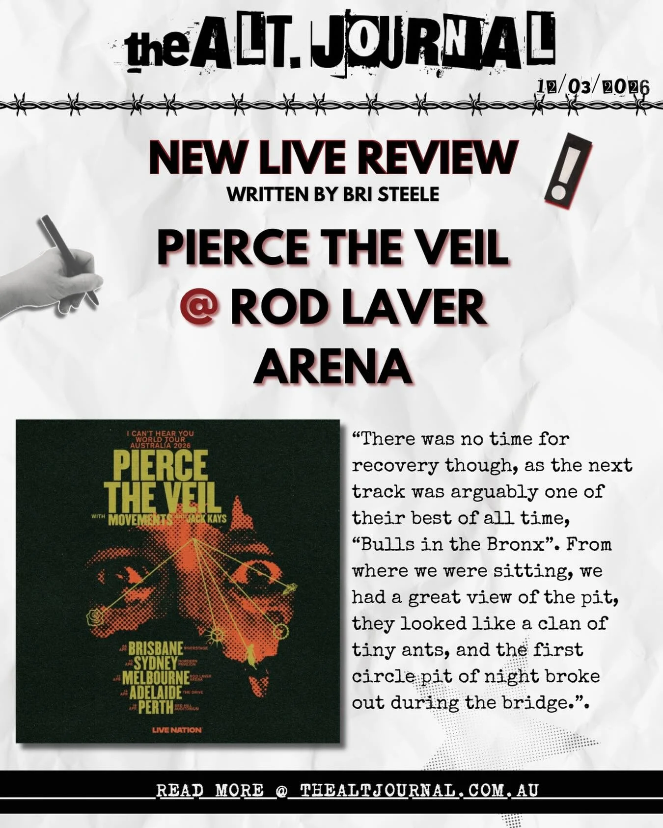 📝PIERCE THE VEIL LIVE REVIEW @ ROD LAVER ARENA📝

Full review up on our website:

thealtjournal.com.au 🔗 

Thanks to @livenationaustralia 

✍️ Written by @bri.bjd 
&bull;
&bull;
&bull;
#piercetheveil #movements #jackkays #livenation #emo