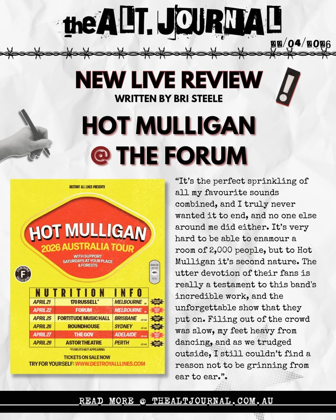 📝HOT MULLIGAN REVIEW @ THE FORUM📝

Full review up on our website:

thealtjournal.com.au 🔗 

Thanks to @destroyalllines 

✍️ Written by @bri.bjd 
&bull;
&bull;
&bull;
#hotmulligan #saturdaysatyourplace #forests #destroyalllines #emo
