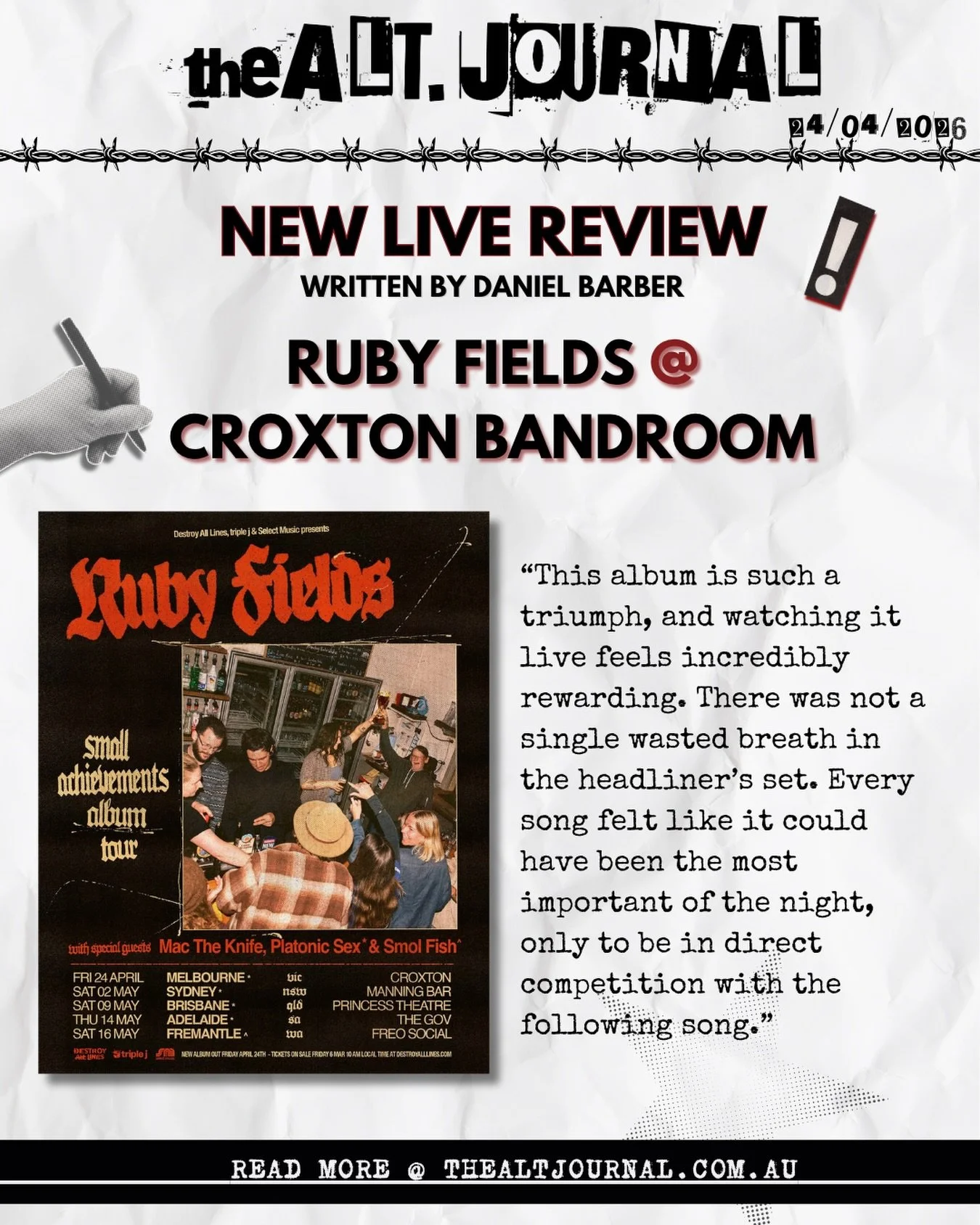 📝RUBY FIELDS @ CROXTON BANDROOM MELBOURNE📝

Check out the full review on our website👇

thealtjournal.com.au 🔗

Thanks to @destroyalllines @howgood.enterprises 

✍️ Written by @danbarber1905 
&bull;
&bull;
&bull;
#rubyfields #livereview #musicrevi