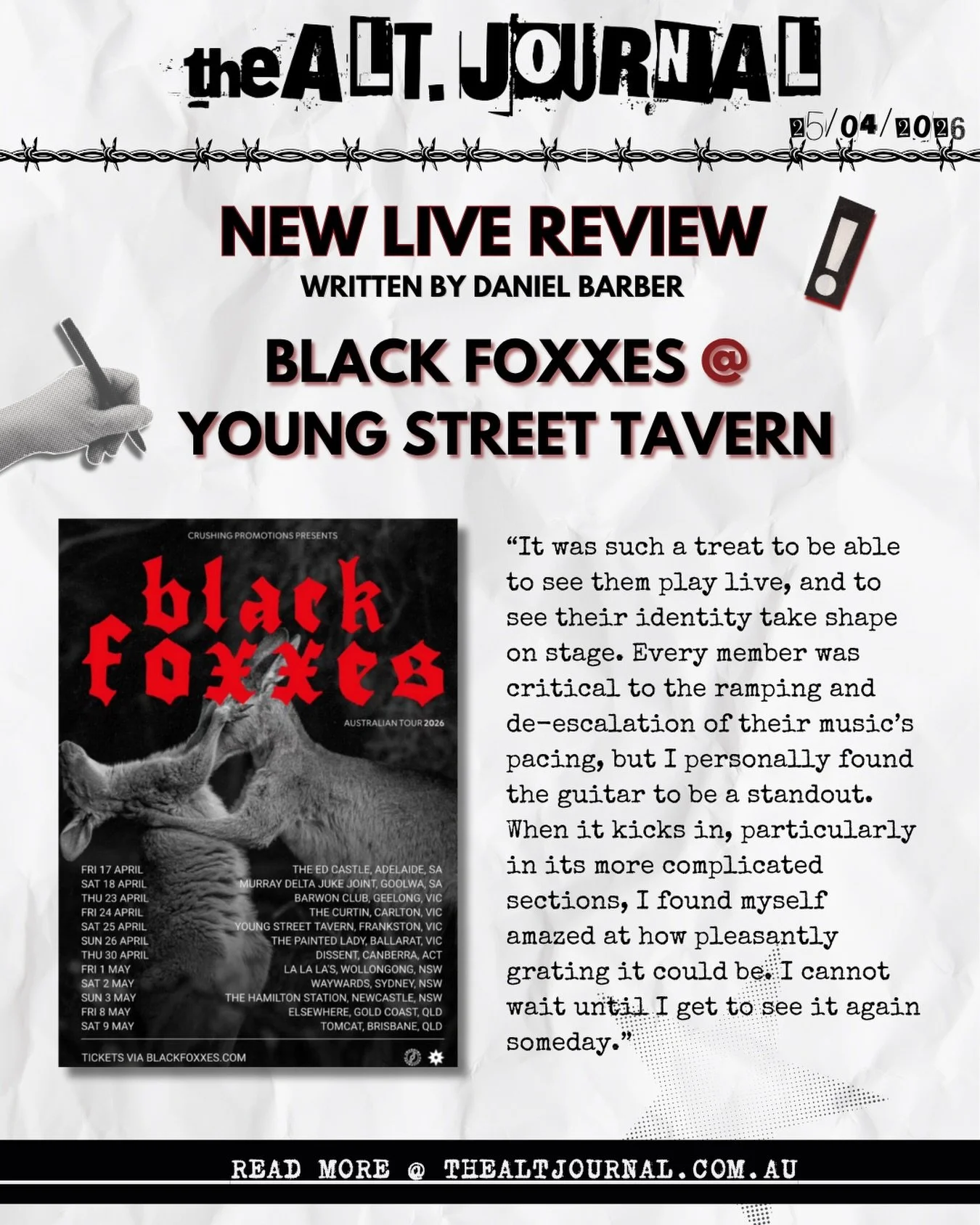 📝BLACK FOXXES LIVE @ YOUNG STREET TAVERN MELBOURNE📝

Check out the full review on our website📍

thealtjournal.com.au 🔗

Thanks to @crushing_promotions 

✍️ By @danbarber1905 
&bull;
&bull;
&bull;
#blackfoxxes #livereview #livemusic #melbournemusi