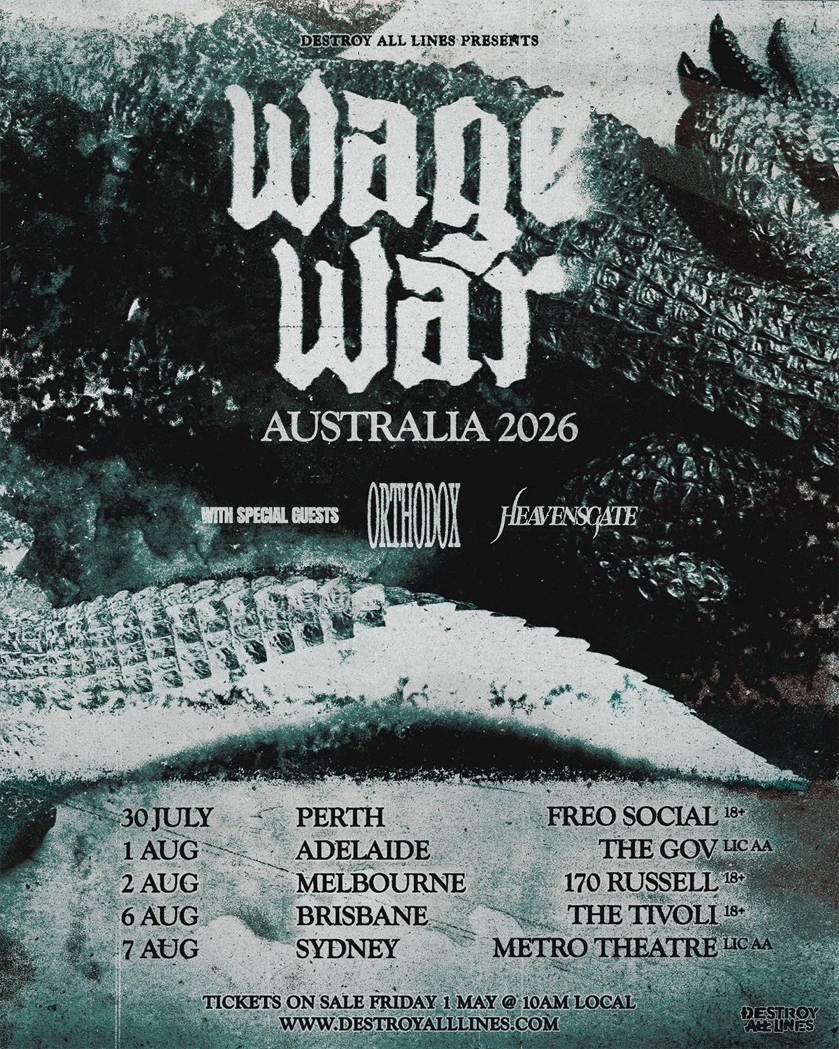 WAGE WAR AUSTRALIAN TOUR 2026🐊

Australia, some spectacular savagery is headed your way this July and August, with Florida metalcore juggernauts WAGE WAR bringing the &lsquo;It Calls Me By Name&rsquo; world tour down under, joined by special guests 