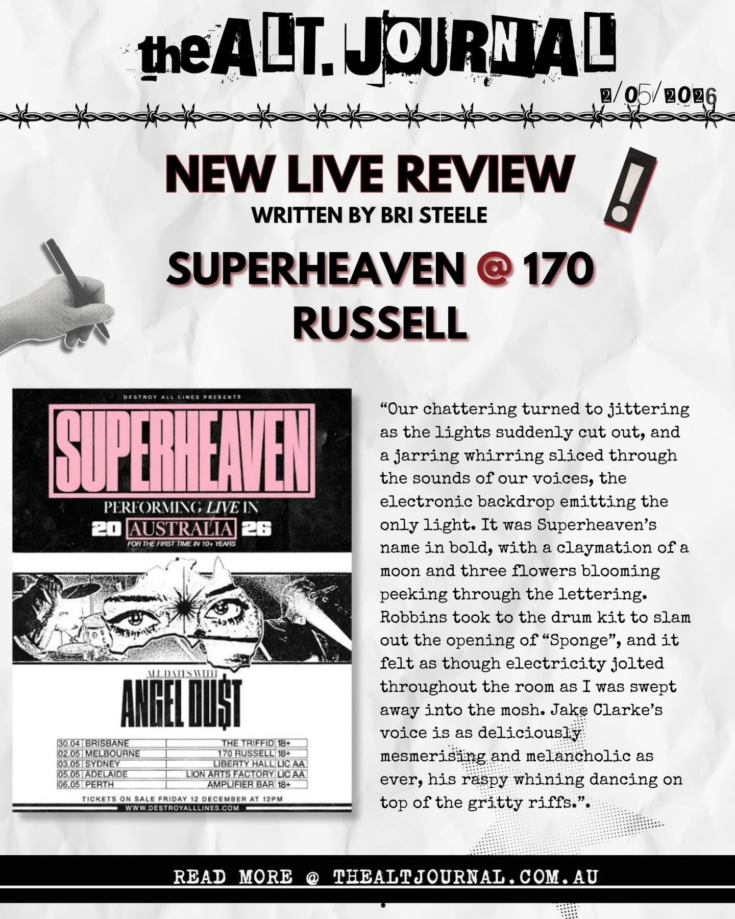📝SUPERHEAVEN @ 170 RUSSELL📝

Check out the full review on our website📍

thealtjournal.com.au 🔗

Thanks to @destroyalllines 

✍️ By @bri.bjd 
&bull;
&bull;
&bull;
#superheaven #secretworld #livereview #livemusic melbournemusic