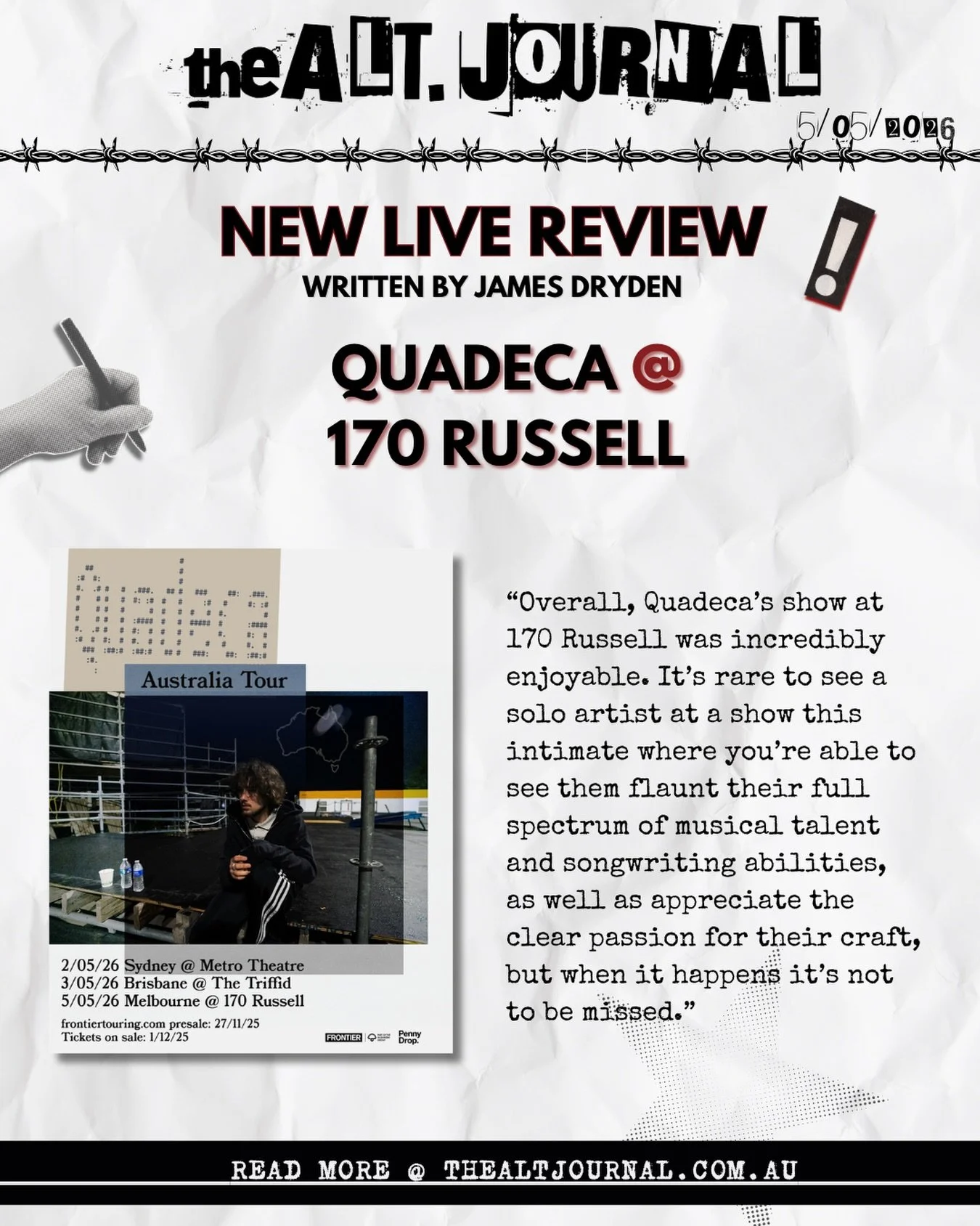 📝QUADECA LIVE @ 170 RUSSELL IN MELBOURNE📝

Check out the full review on our website📍

thealtjournal.com.au 🔗

Thanks to @frontiertouring @pennydropp 

✍️ Written by @hamesdryden 
&bull;
&bull;
&bull;
#quadeca #livereview #170russell #livemusic #m
