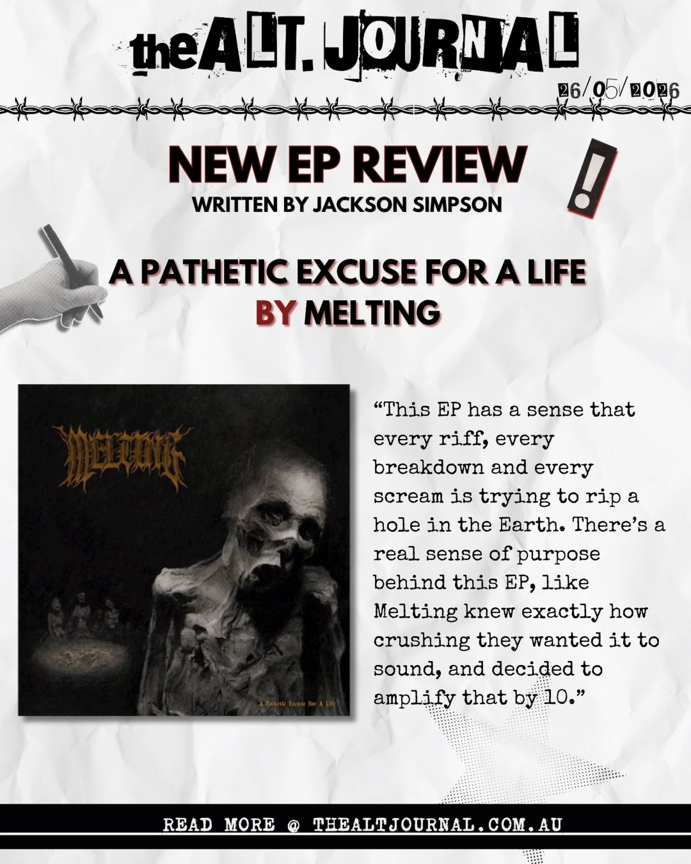 📝MELTING&rsquo;S &ldquo;A PATHETIC EXCUSE FOR A LIFE&rdquo; EP REVIEW📝

Check out the full review on our website 🔗

thealtjournal.com.au📍

Melting&rsquo;s sophomore album &ldquo;A Pathetic Excuse For A Life&rdquo; will be out everywhere Friday 29