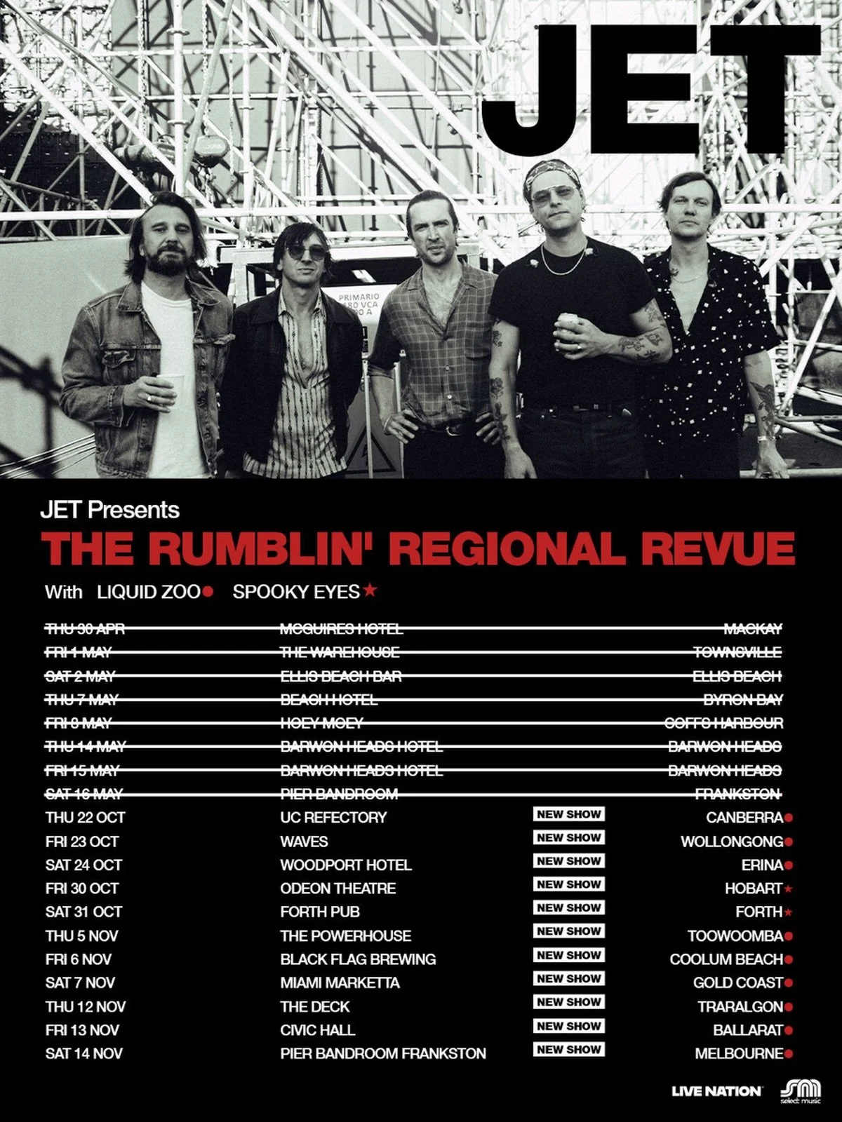 🚨JET RETURNS TO THE REGIONS OF AUSTRALIA THIS OCTOBER &amp; NOVEMBER 🚨

Following a hugely successful run across regional east coast centres in April and May, one of Australia&rsquo;s most recognisable rock outfits Jet announce Part 2 of their Rumb