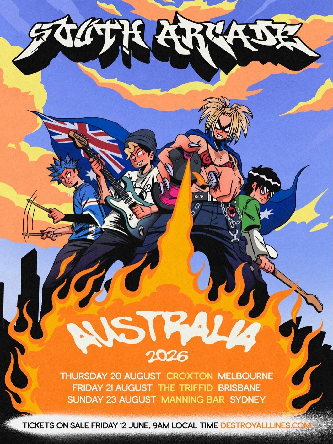 🚨SOUTH ARCADE🚨ANNOUNCE FIRST EVER
AUSTRALIAN HEADLINE TOUR
THIS AUGUST
FOLLOWING DEBUT PERFORMANCES AT GOOD THINGS 2025
TICKETS ON SALE FRIDAY 12 JUNE 9AM LOCAL TIME VIA DESTROY ALL LINES

Self-proclaimed pioneers of &lsquo;Y2KCORE&rsquo;, Oxford f