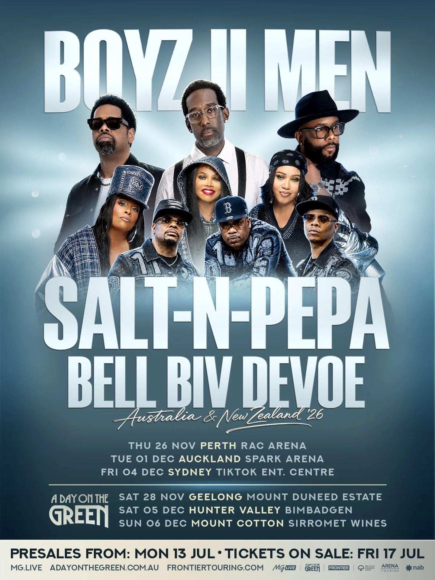 BOYZ II MEN
ANNOUNCE AUSTRALIAN &amp; NEW ZEALAND TOUR
WITH VERY SPECIAL GUESTS
SALT-N-PEPA &amp; BELL BIV DEVOE
NOVEMBER AND DECEMBER 2026

LEGENDS ONLY &ndash; THREE MUSIC ICONS WITH A COMBINED 4 BILLION STREAMS AND MORE THAN 100 MILLION ALBUMS SOL