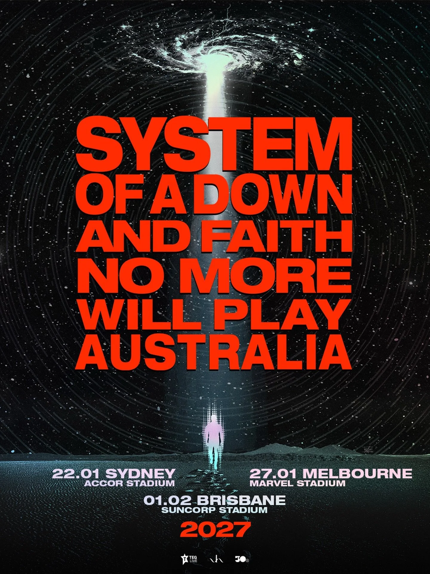 🚨SYSTEM OF A DOWN🚨
ANNOUNCE MONUMENTAL AUSTRALIAN STADIUM EVENTS
FOR 2027, WITH SPECIAL GUESTS
FAITH NO MORE

Following the massive sell-out success of their recent EU/UK Summer Stadium Tour (with back to back sell outs in Paris, London, and Warsaw