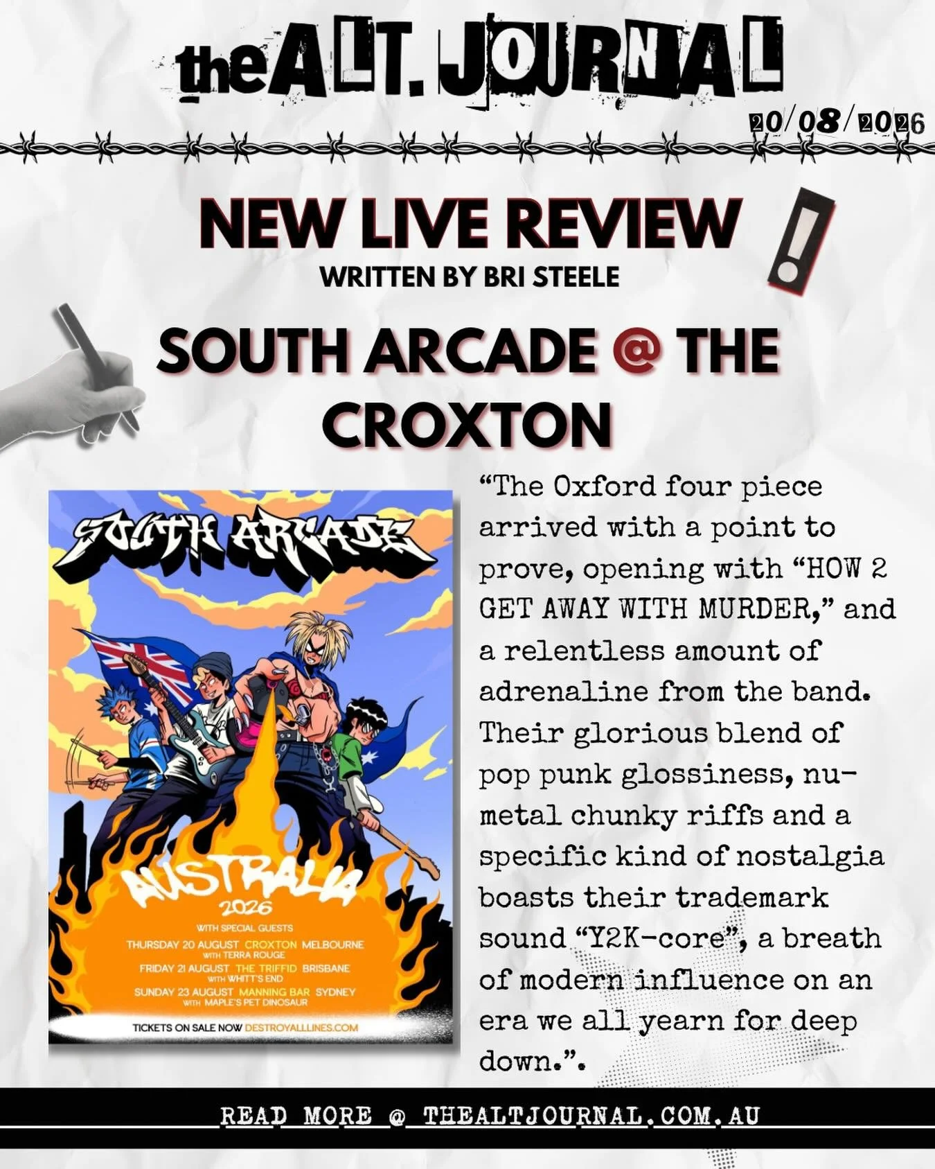 🎸SOUTH ARCADE LIVE @ NORTHCOTE THEATRE🎸

Check out the full review on our website 👉 thealtjournal.com.au📍

Huge thanks to @destroyalllines 

✍️ by @bri.bjd 

#southarcade #terrarouge #livereview #destroyalllines