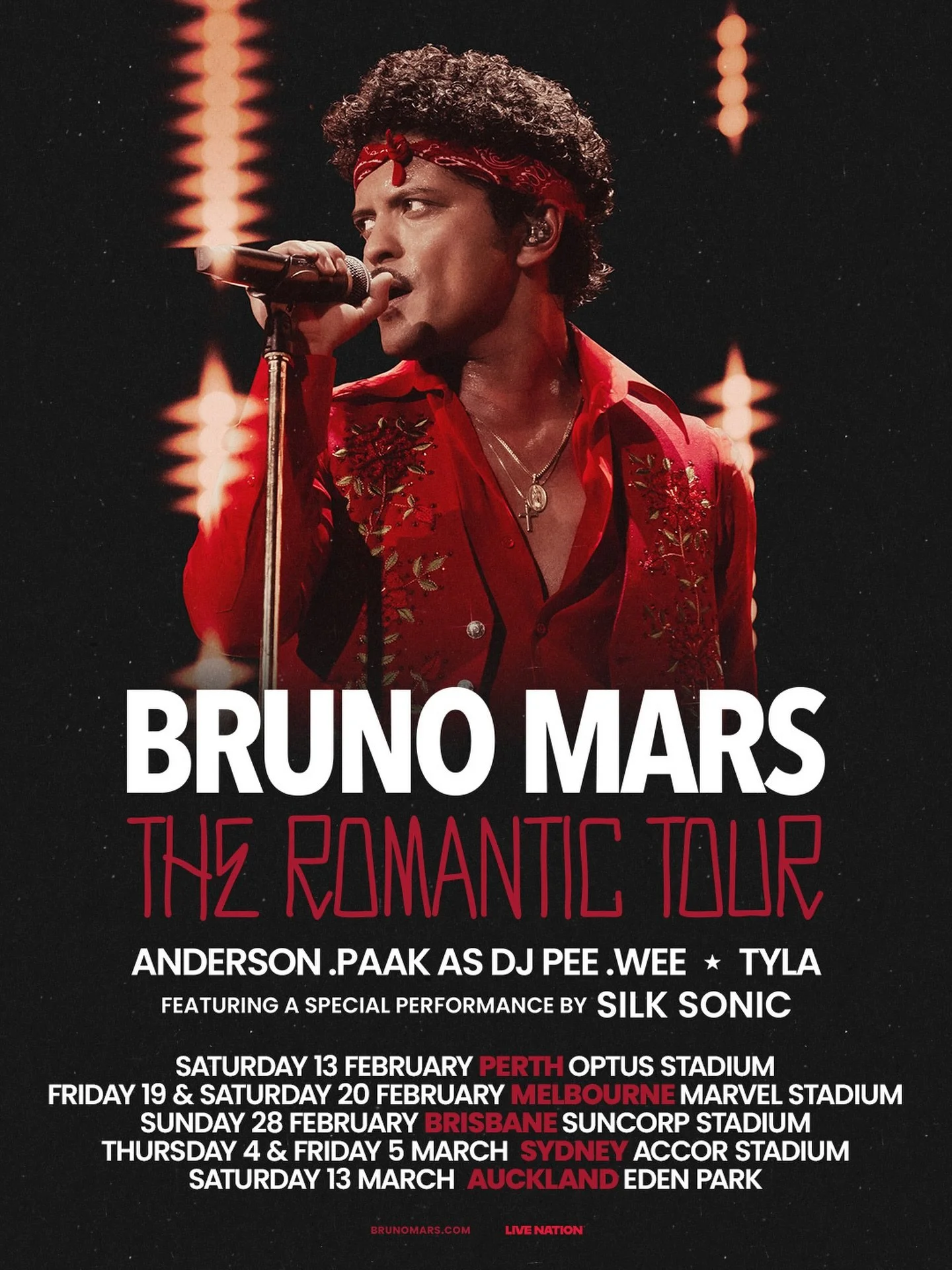 🚨BRUNO MARS🚨 EXPANDS &lsquo;THE ROMANTIC TOUR&rsquo; WITH NEW DATES ACROSS AUSTRALIA, NEW ZEALAND, ASIA AND MEXICO CITY

Global superstar Bruno Mars has expanded his record-breaking The Romantic Tour once again, announcing 26 new stadium shows acro