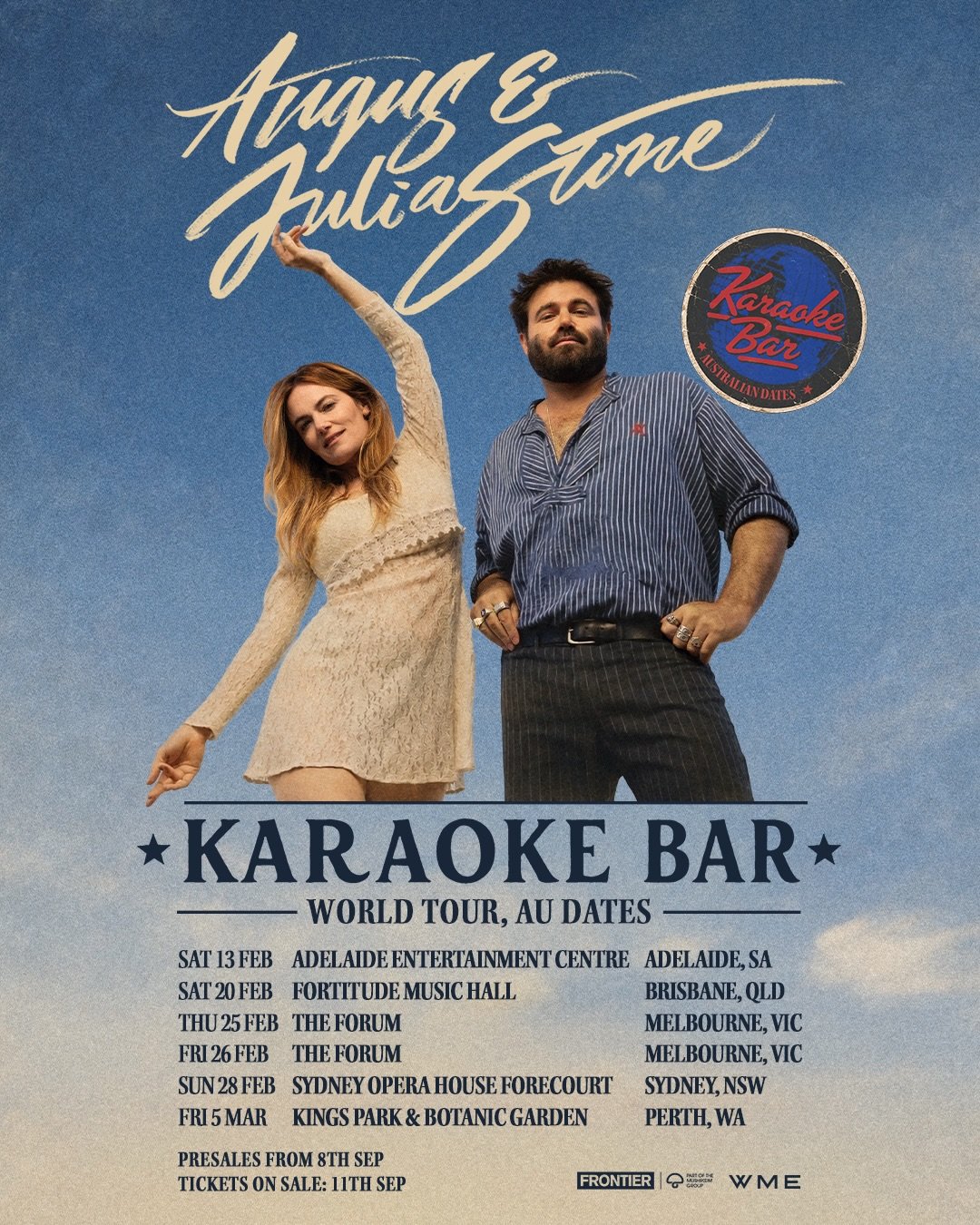 ANGUS &amp; JULIA STONE RETURN HOME TO LAUNCH THE KARAOKE BAR WORLD TOUR &ndash; FEBRUARY/MARCH 2027

Frontier Touring is delighted to announce the return of five-time ARIA Award winners Angus &amp; Julia Stone, who will launch their latest world tou