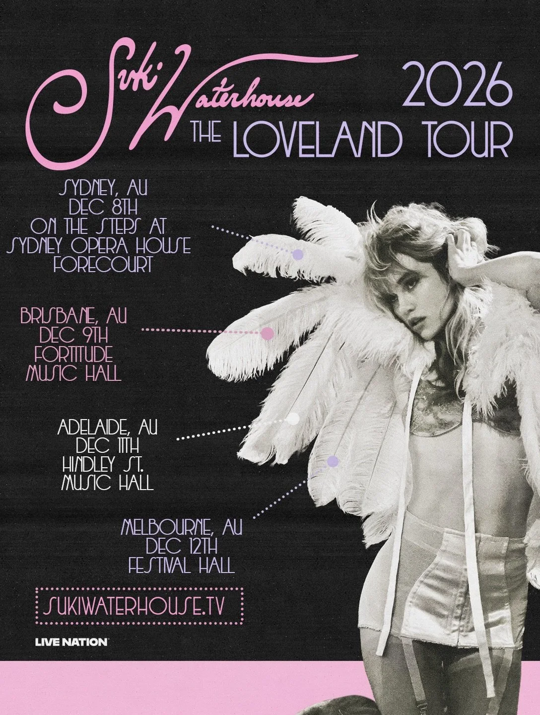 🚨SUKI WATERHOUSE ANNOUNCES AUSTRALIAN DATES FOR THE LOVELAND TOUR TICKETS ON SALE THURSDAY, SEPTEMBER 24🚨

Today, indie pop songstress Suki Waterhouse announced she will bring her acclaimed Loveland Tour to Australia this December. The tour announc