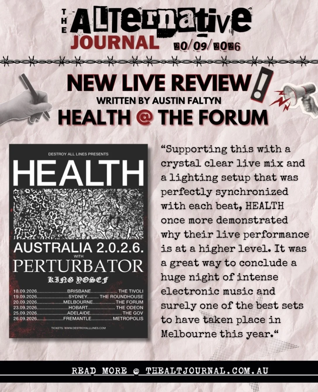 ✍️ HEALTH LIVE IN MELBOURNE @ THE FORUM REVIEW
Full review on thealtjournal.com.au 🔗

Thanks to @destroyalllines @dallasdoespr 
Written by @nachtrabe_ 

#health #theforum #destroyalllines #livereview