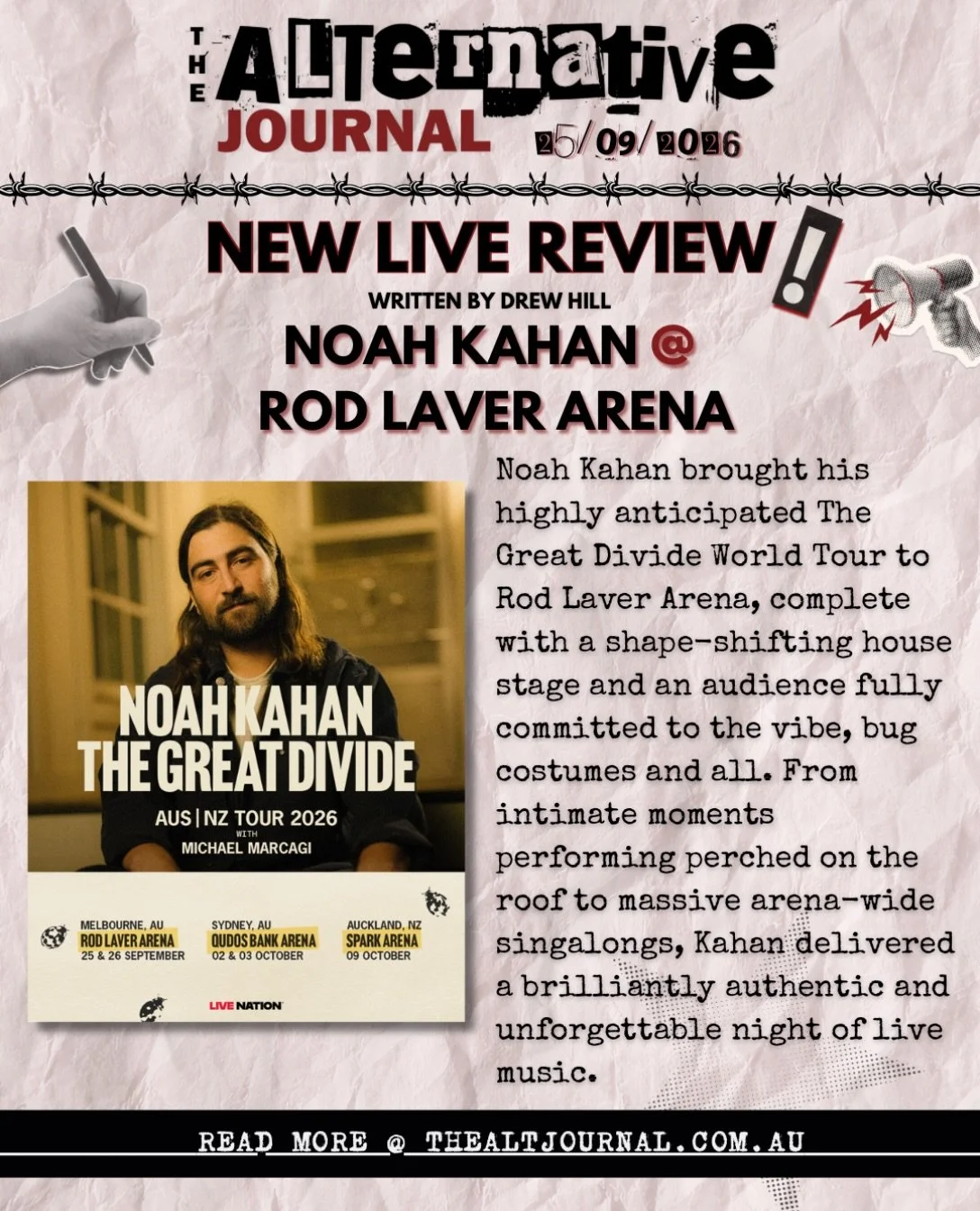 ✍️ @noahkahanmusic LIVE IN MELBOURNE @ ROD LAVER ARENA🚨

Live Review + Photo Gallery on thealtjournal.com.au 🔗
Thanks to @livenationaustralia @rpm_pr 

#noahkahan #noahkahanmusic