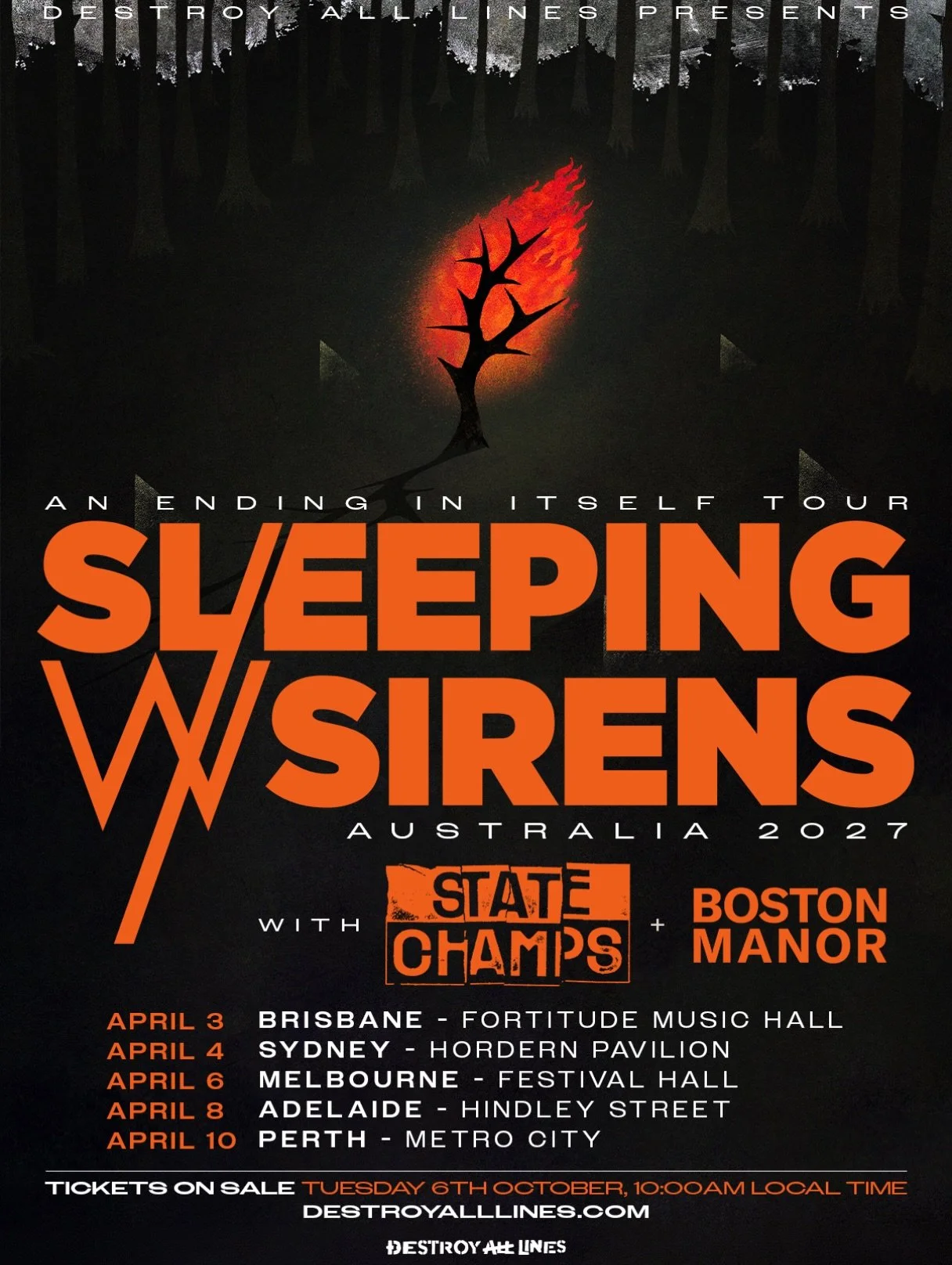 🚨SLEEPING WITH SIRENS🚨
AN ENDING IN ITSELF TOUR
AUSTRALIA 2027

WITH SPECIAL GUESTS
STATE CHAMPS (USA) + BOSTON MANOR (UK)

In 2027, SLEEPING WITH SIRENS will return to Australia for their biggest headline tour to date, set to bring their An Ending