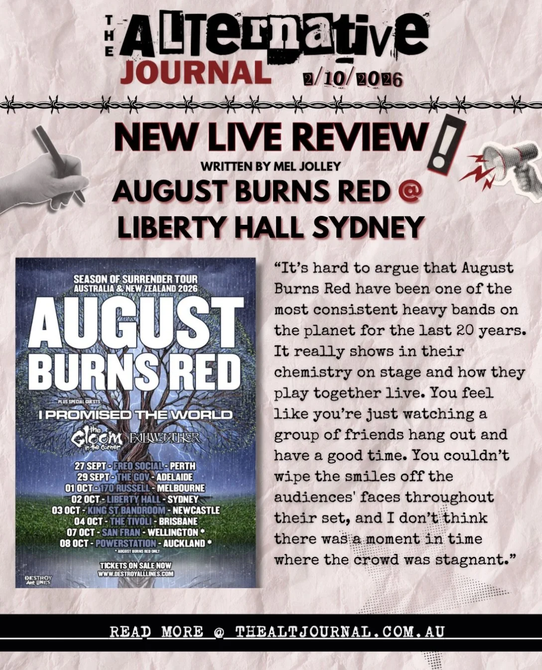 ✍️ AUGUST BURNS RED LIVE REVIEW 
@meljmedia @augustburnsred 

Full Gallery + Live Review on thealtjournal.com.au 🔗
Thanks to @destroyalllines @dallasdoespr 

#augustburnsred