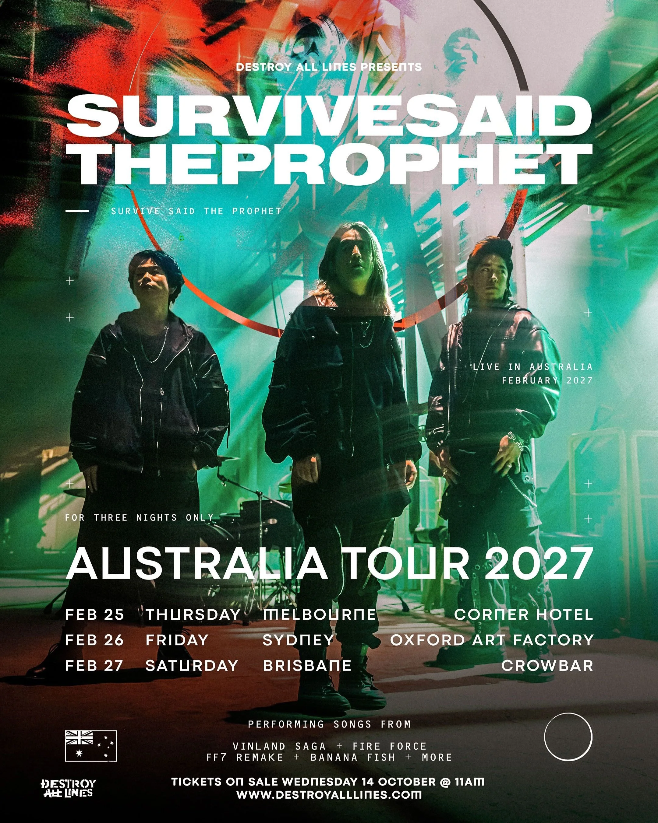 ‼️SURVIVE SAID THE PROPHET‼️

Tokyo Rock Powerhouse Make Their Australian Debut This February

Australia has waited fifteen years for this one.

This February, Tokyo&rsquo;s Survive Said The Prophet finally make their Australian debut, bringing their