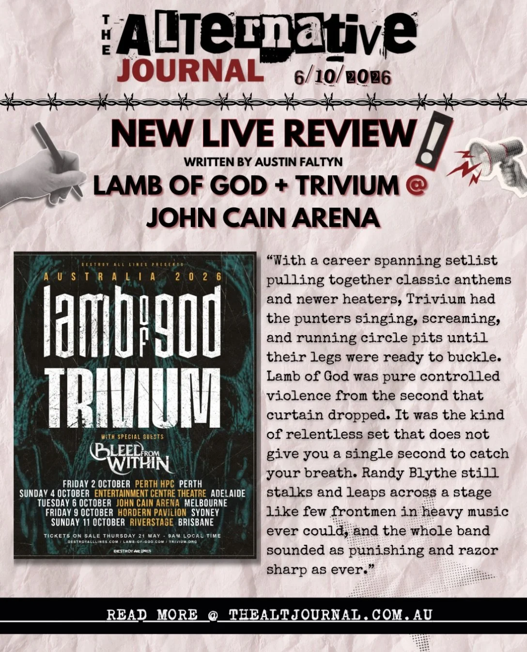 ✍️ LAMB OF GOD + TRIVIUM CO-HEADLINE LIVE REVIEW
@lambofgod @triviumband 
📝 @nachtrabe_ 

Live Review + Full Photo Gallery on thealtjournal.com.au 🔗
Thanks to @destroyalllines @dallasdoespr 

#lambofgod #trivium #bleedfromwithin