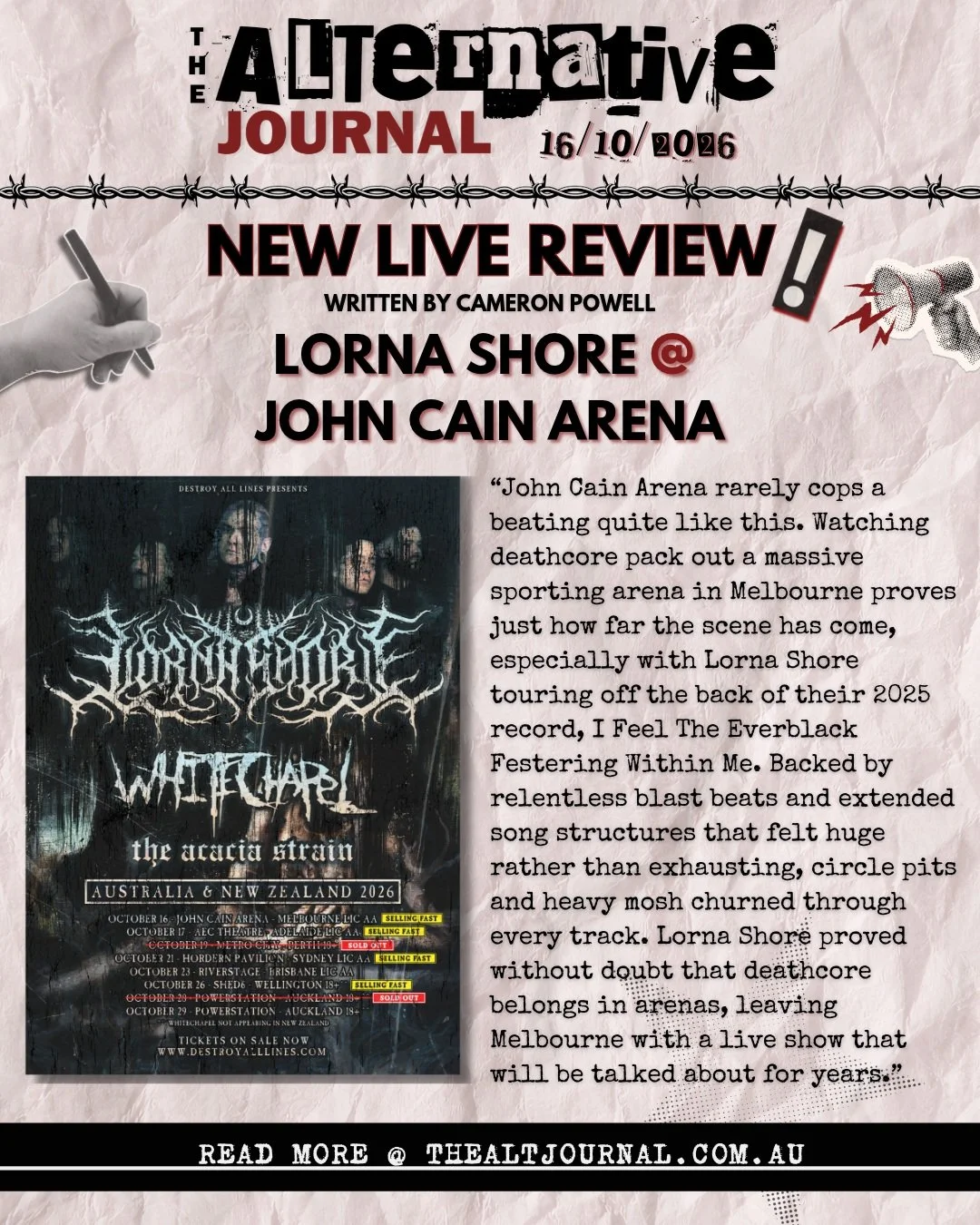 ✍️ LORNA SHORE LIVE REVIEW MELBOURNE @ JOHN CAIN ARENA
@lornashore 

Full Review + Photo Gallery on thealtjournal.com.au 🔗

📝 @cameron__powell 
Thanks to @destroyalllines @dallasdoespr 

#lornashore #whitechapel #theacaciastrain