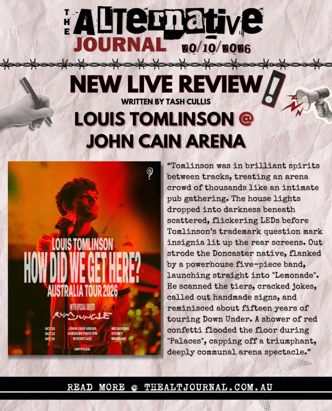 ✍️ LOUIS TOMLINSON LIVE IN MELBOURNE @ JOHN CAIN ARENA - @louist91 
📝 @tash.cullis 

Full Gallery + Live Review on thealtjournal.com.au 🔗
Thanks to @untitledgroupau @ttpublicity 

#louistomlinson