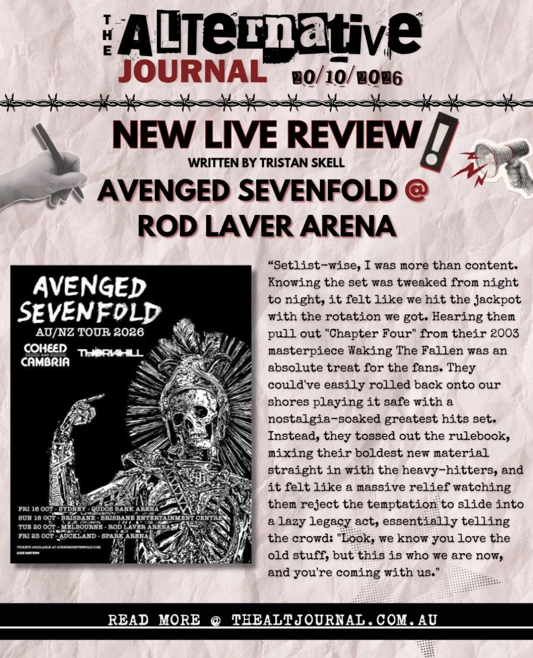 📝AVENGED SEVENFOLD @ ROD LAVER ARENA LIVE REVIEW📝

Full Review + Photo Gallery is up on our website 👉 thealtjournal.com.au📍

Thanks to @livenationaustralia @rpm_pr 

✍️ @skellvisuals 

#avengedsevenfold #livereview #musicjournalism