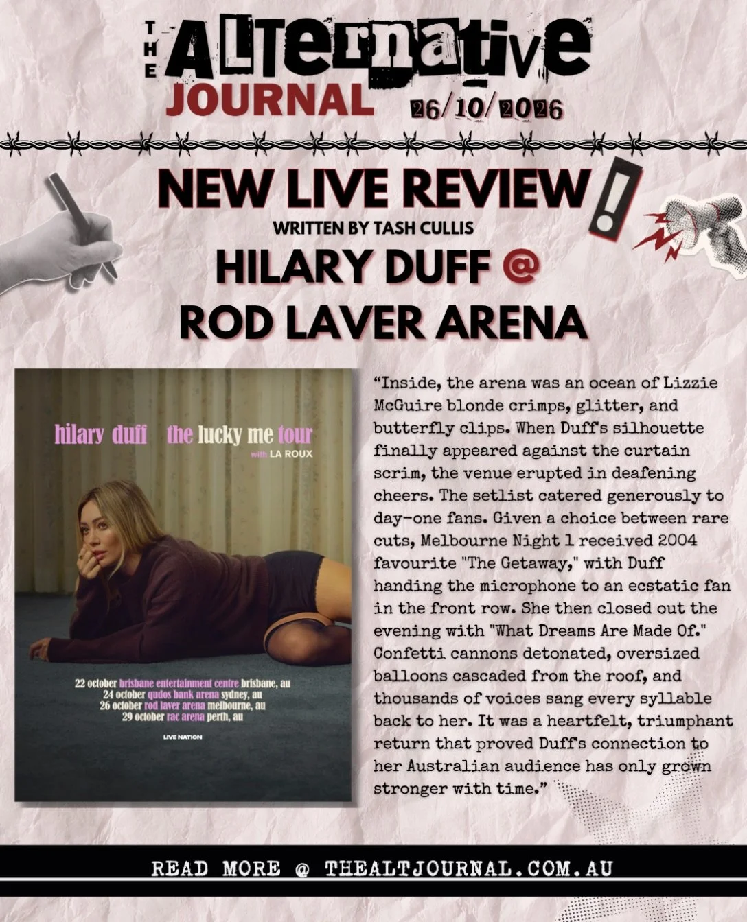 📝 HILARY DUFF LIVE REVIEW MELBOURNE @ ROD LAVER ARENA
✍️ @tash.cullis 

Full review on thealtjournal.com.au 🔗 
Thanks to @livenationaustralia @rpm_pr 

#hilaryduff #livemusic #rodlaverarena #livereview