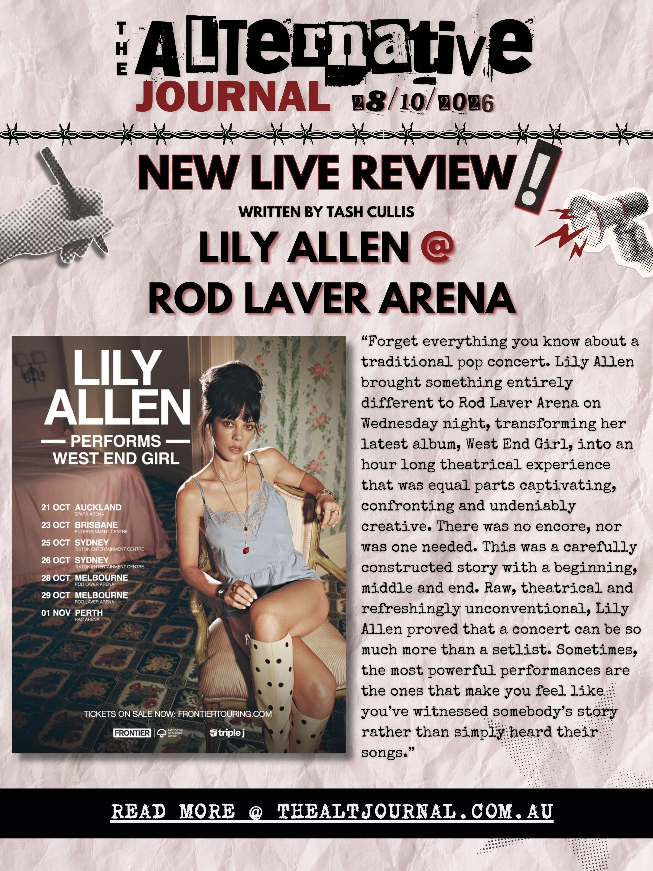 📝 LILY ALLEN PERFORMS WEST END GIRL IN FULL LIVE IN MELBOURNE REVIEW
✍️ @tash.cullis 

Full Review on thealtjournal.com.au 🔗
Thanks to @frontiertouring 

#lilyallen #rodlaverarena #livemusic