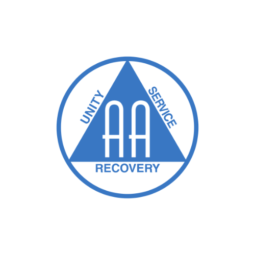 Logo for Alcoholics Anonymous with a blue circle, a triangle, and the words 'Unity,' 'Serenity,' and 'Recovery'.