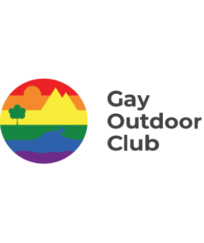 A logo of the Gay Outdoor Club featuring a circular rainbow-colored background with a green tree, orange mountains, yellow sun, green grass, blue river, and purple water, alongside the club's name.