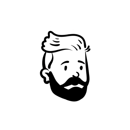 Illustration of a man's face with styled hair and a full beard, in a black and white cartoon style.