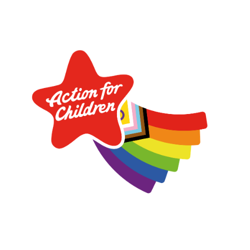 A red star-shaped logo with the text 'Action for Children' and a rainbow leading to a small house illustration.